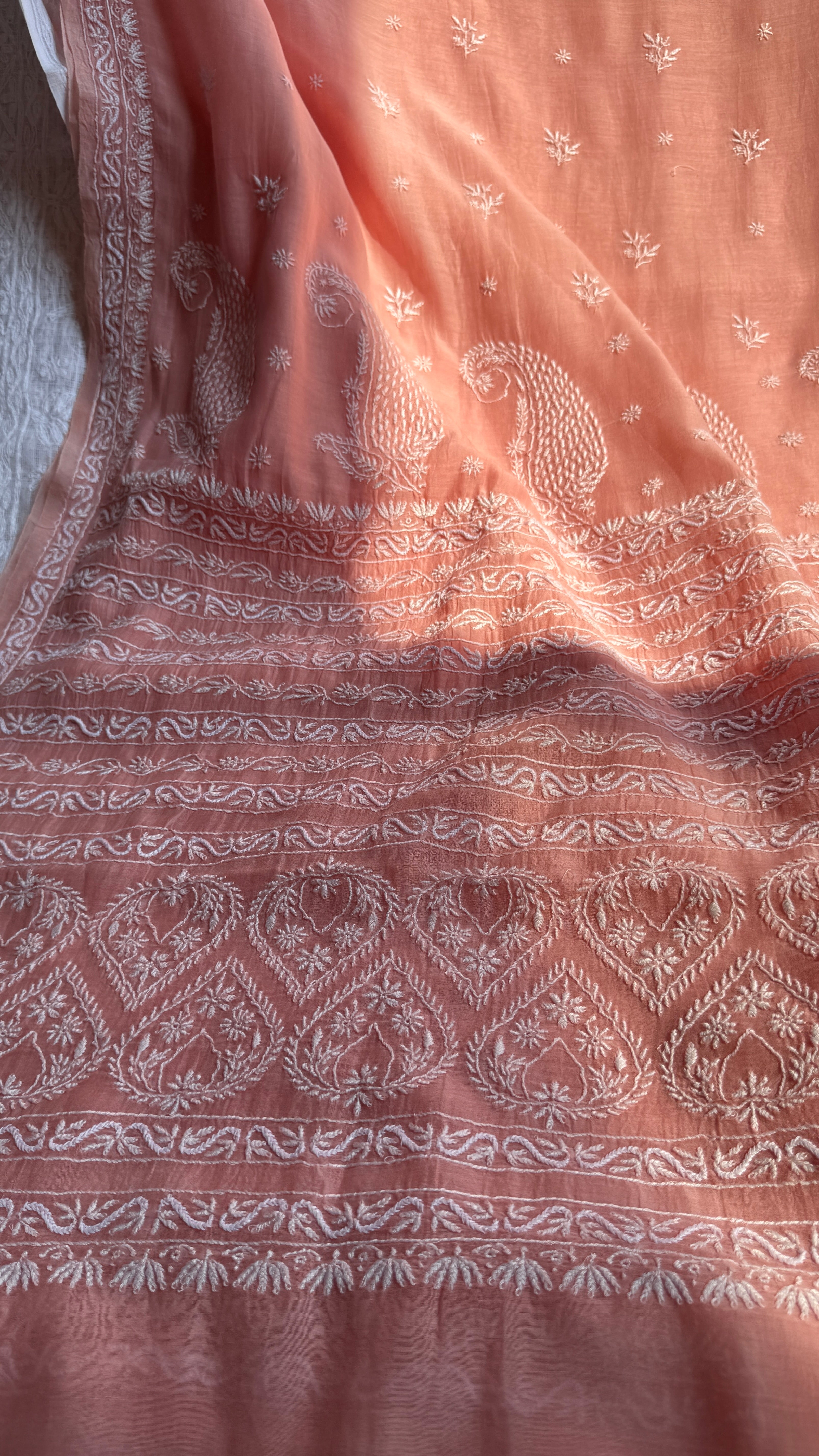 Pure Mul Chanderi Chikankari saree in Peach