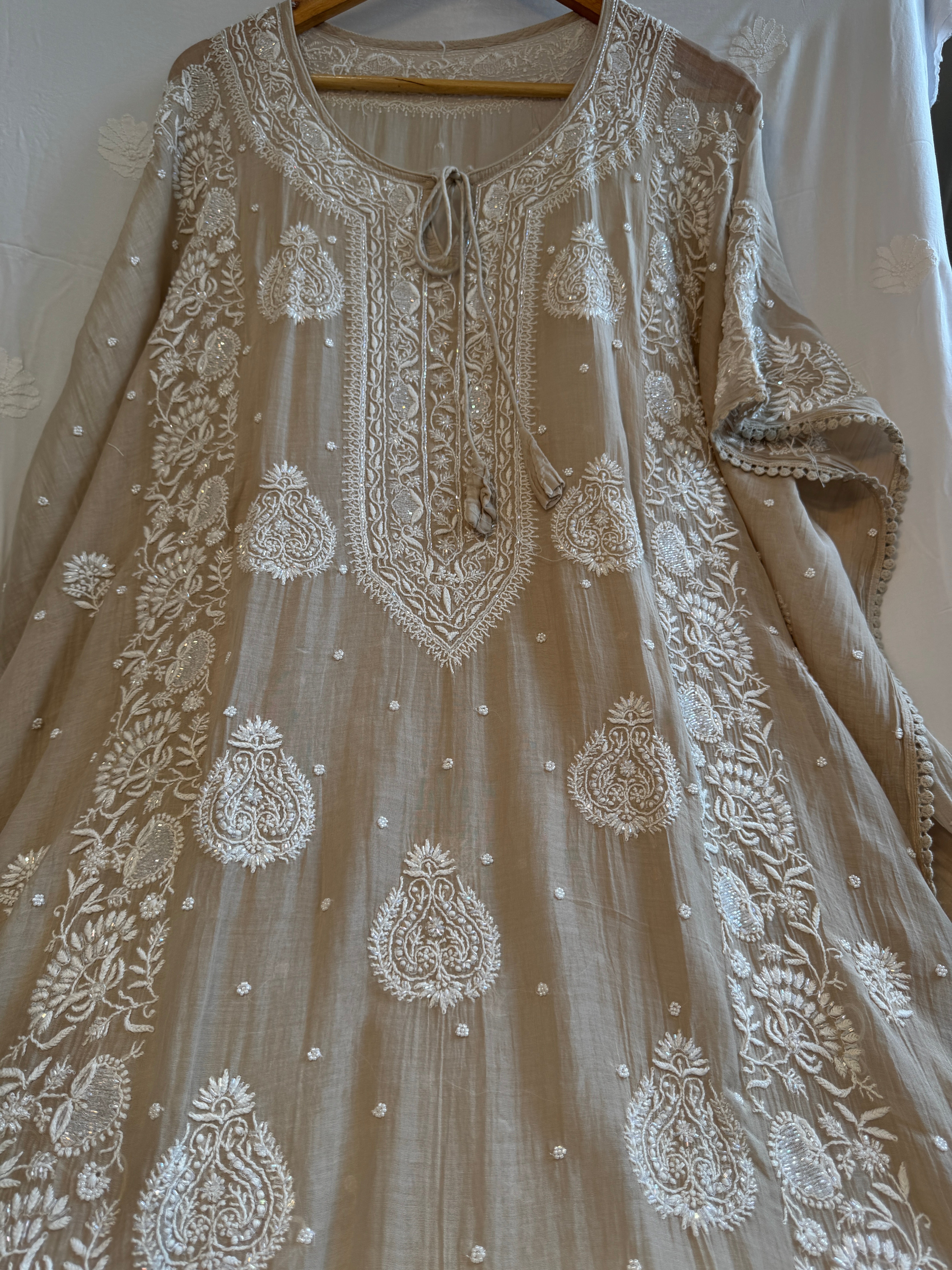 Mul Chanderi Chikankari Kaftan - Beige