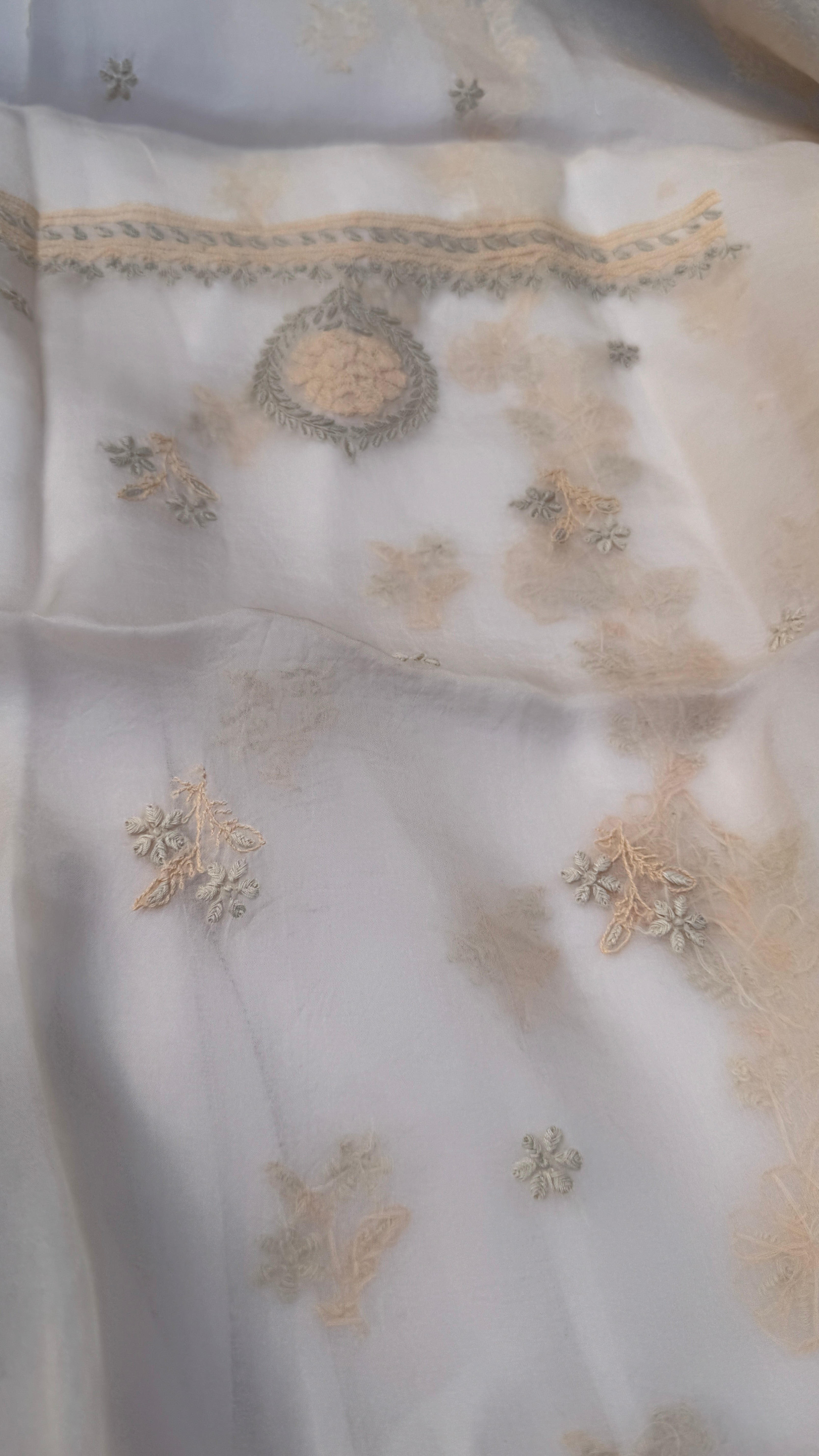 Pure Organza Lucknow Chikankari Unstitched Suit Set - Cream multi-color