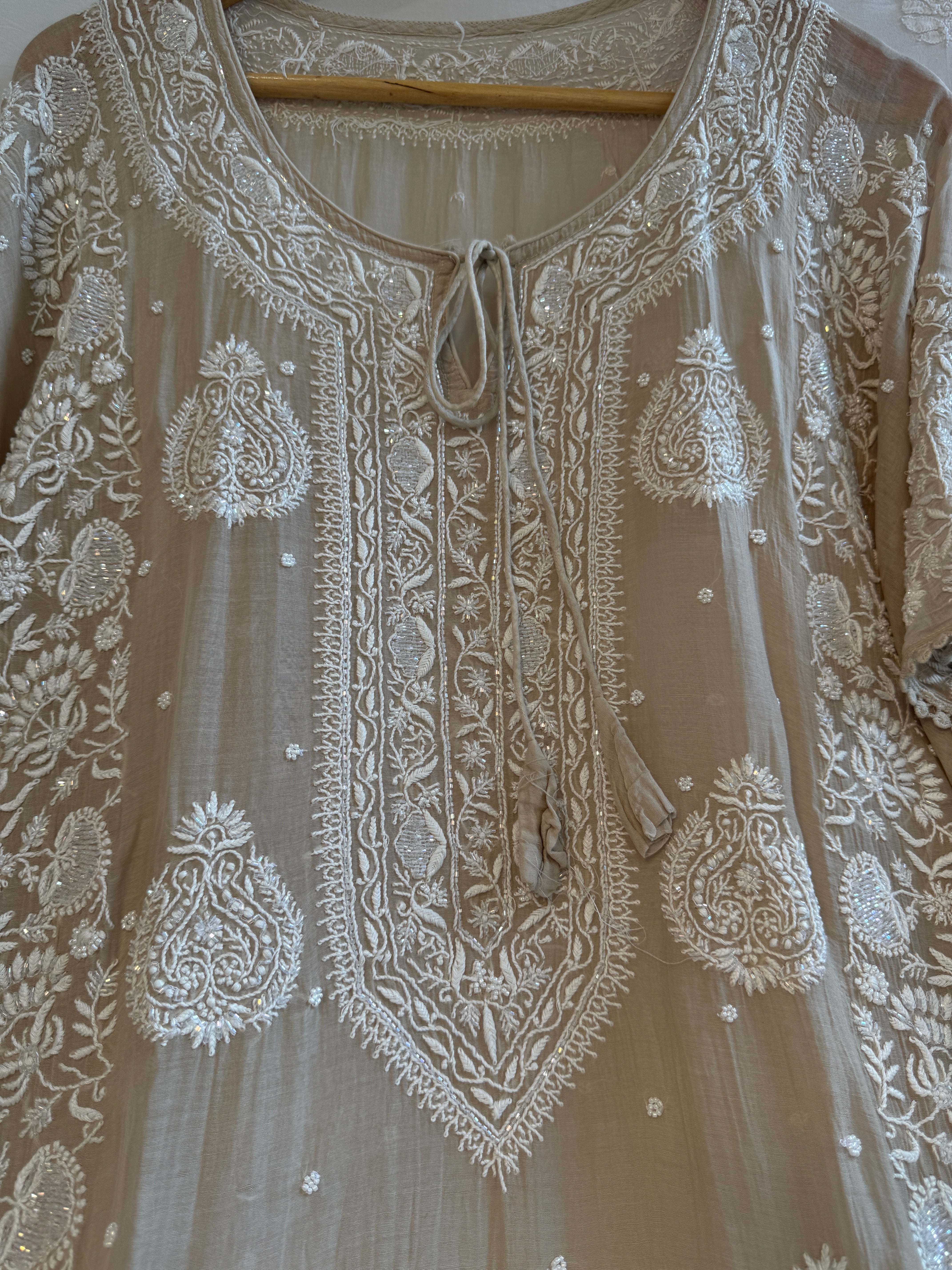 Mul Chanderi Chikankari Kaftan - Beige