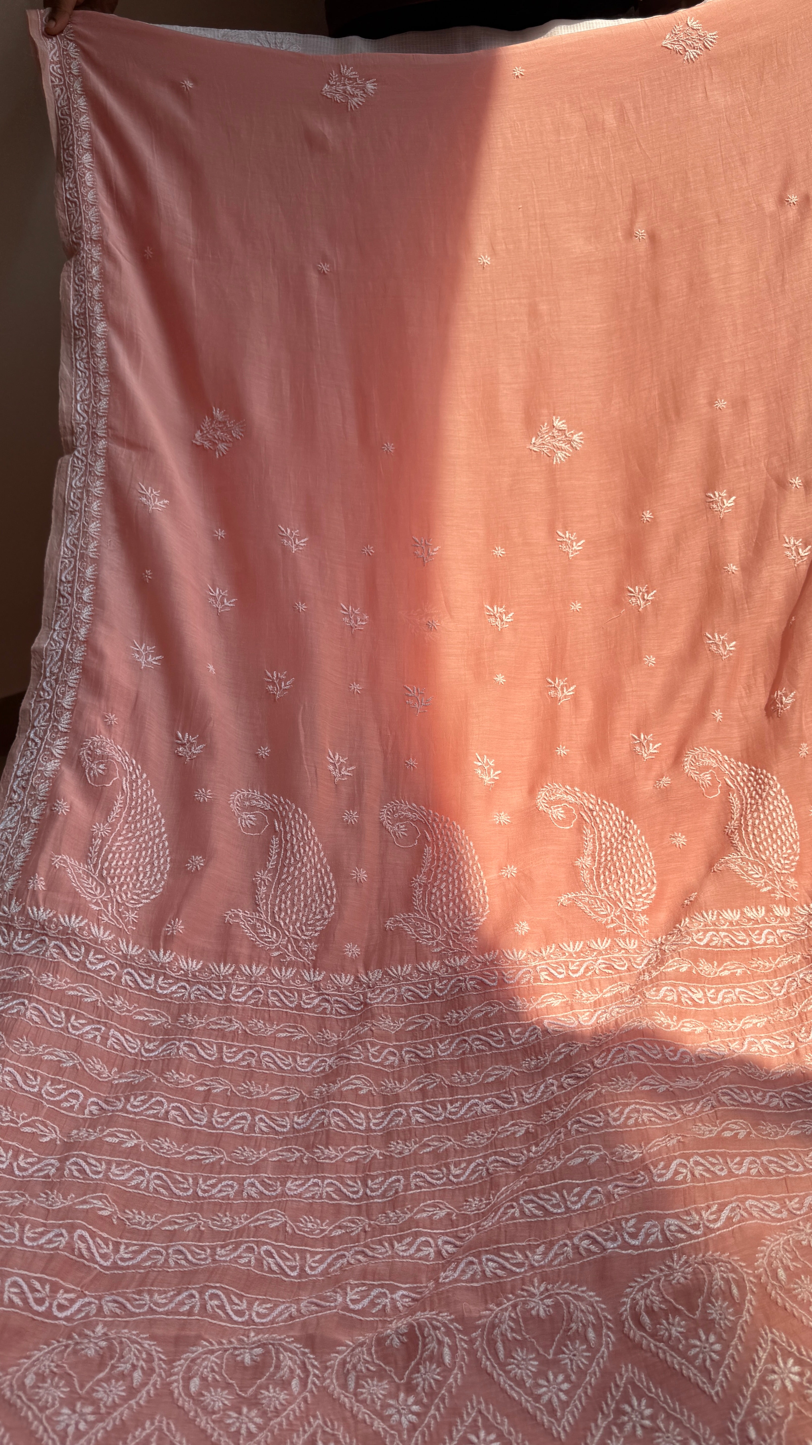 Pure Mul Chanderi Chikankari saree in Peach