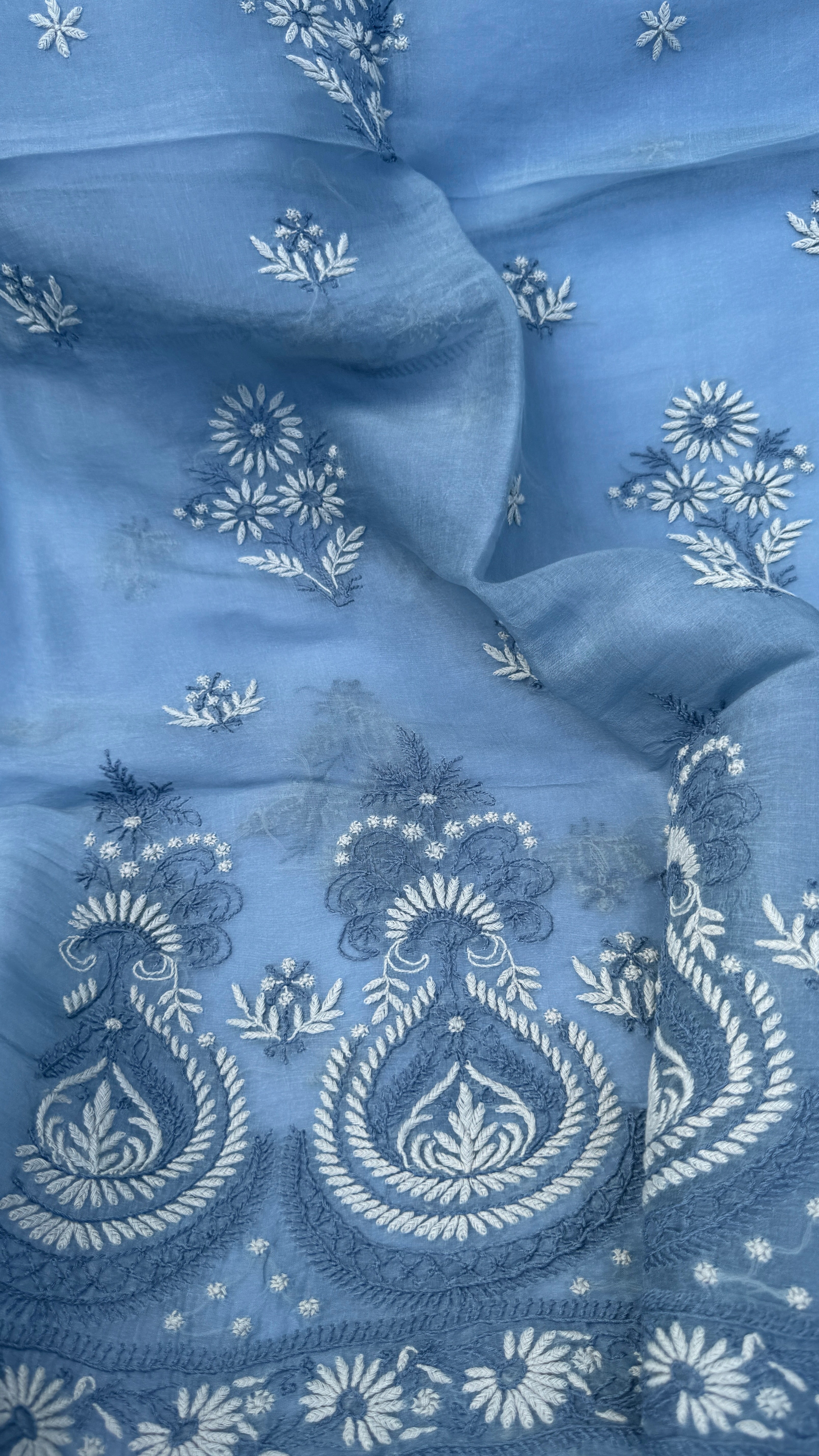 Pure Organza Lucknow Chikankari Unstitched Suit Set - Grey multi-color