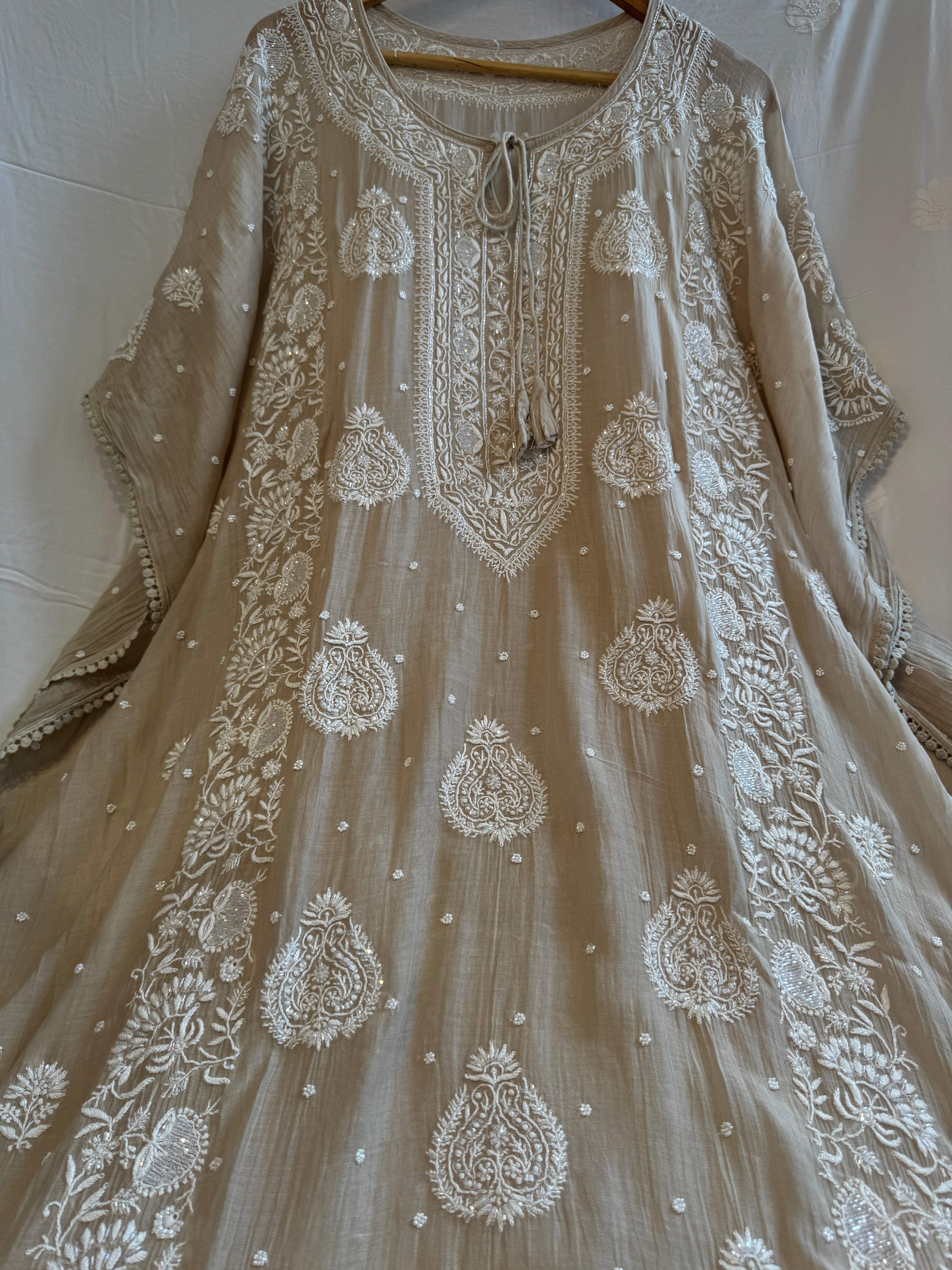 Mul Chanderi Chikankari Kaftan - Beige