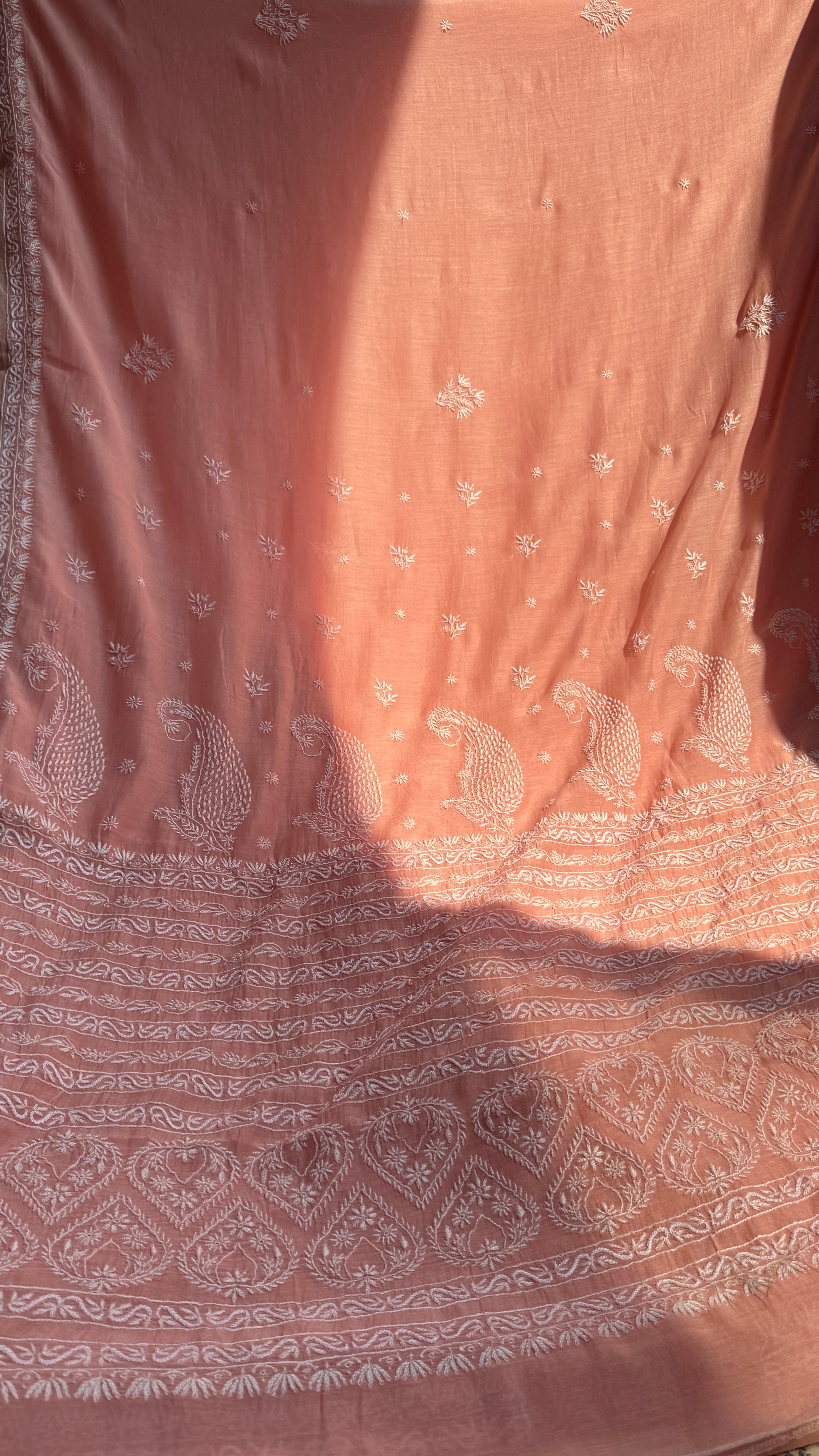 Pure Mul Chanderi Chikankari saree in Peach