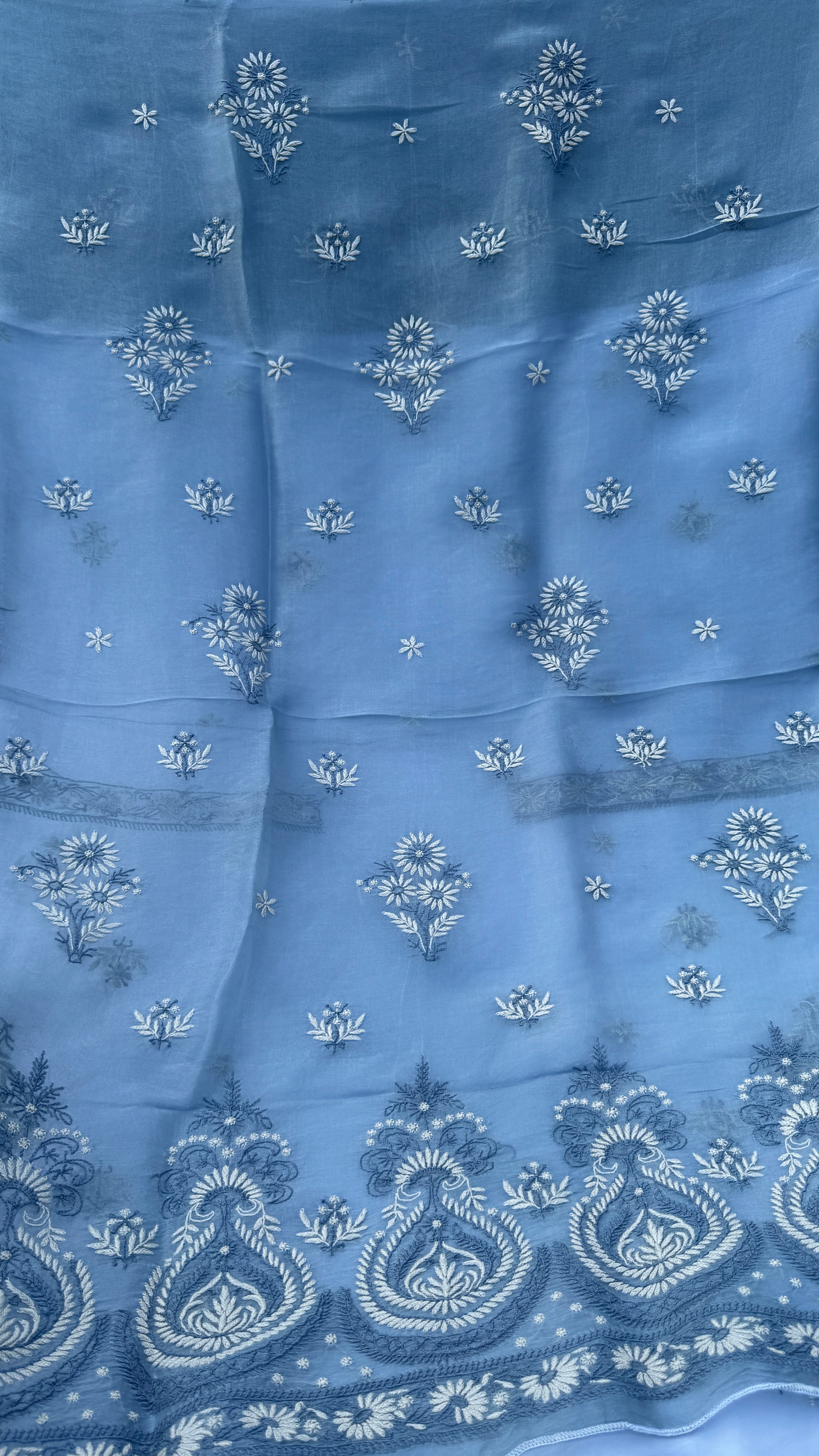 Pure Organza Lucknow Chikankari Unstitched Suit Set - Grey multi-color
