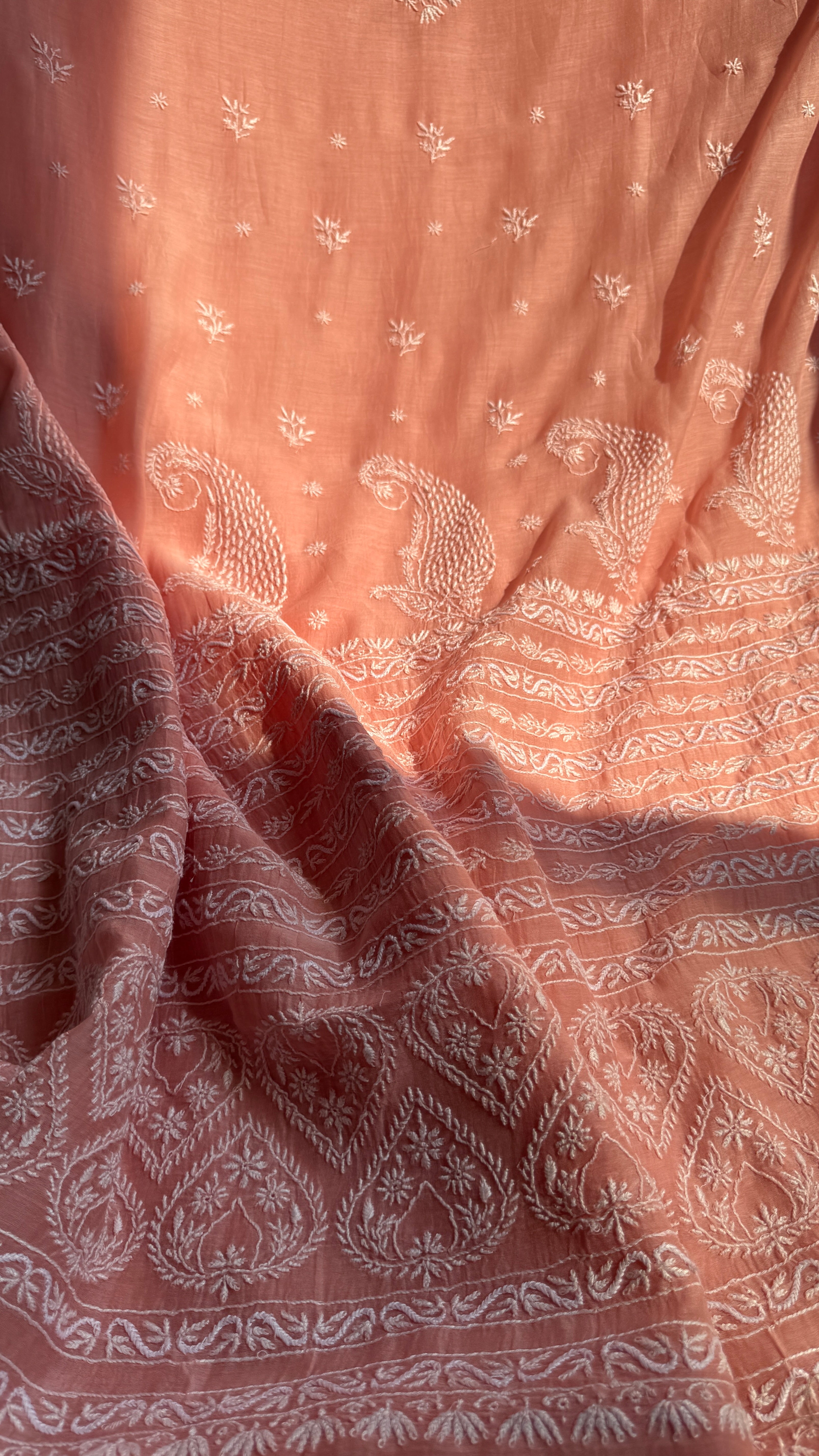 Pure Mul Chanderi Chikankari saree in Peach