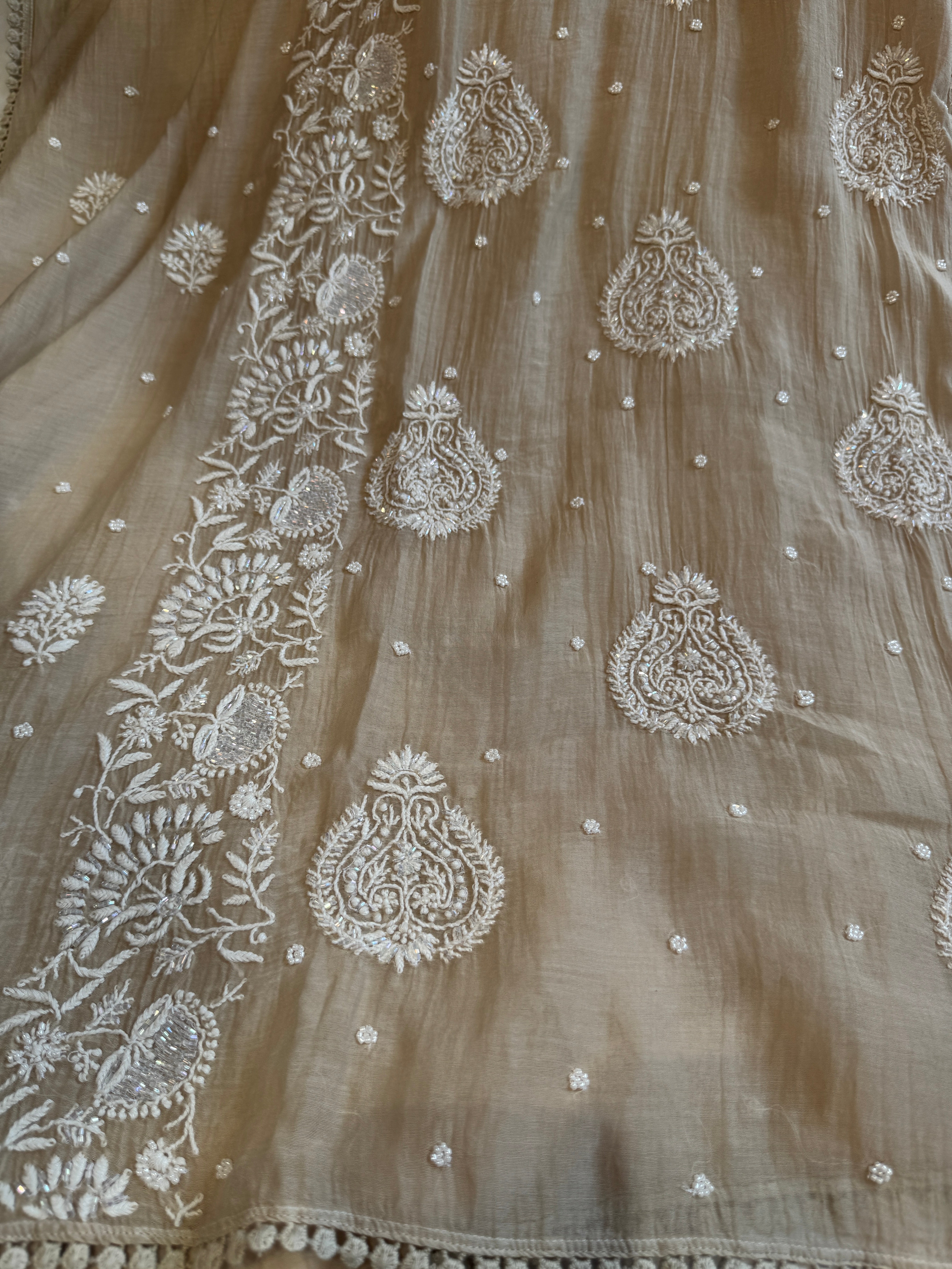 Mul Chanderi Chikankari Kaftan - Beige