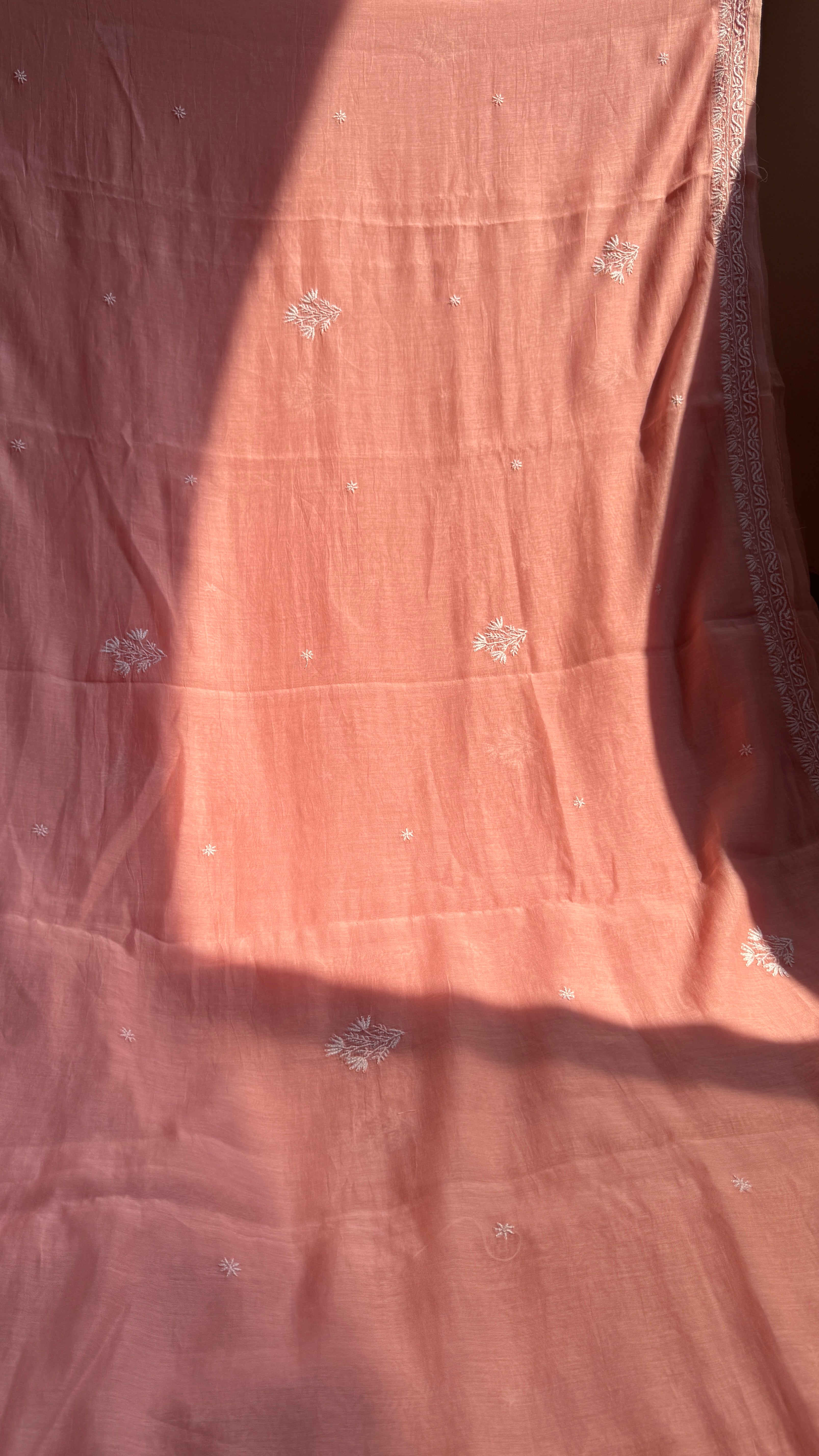 Pure Mul Chanderi Chikankari saree in Peach