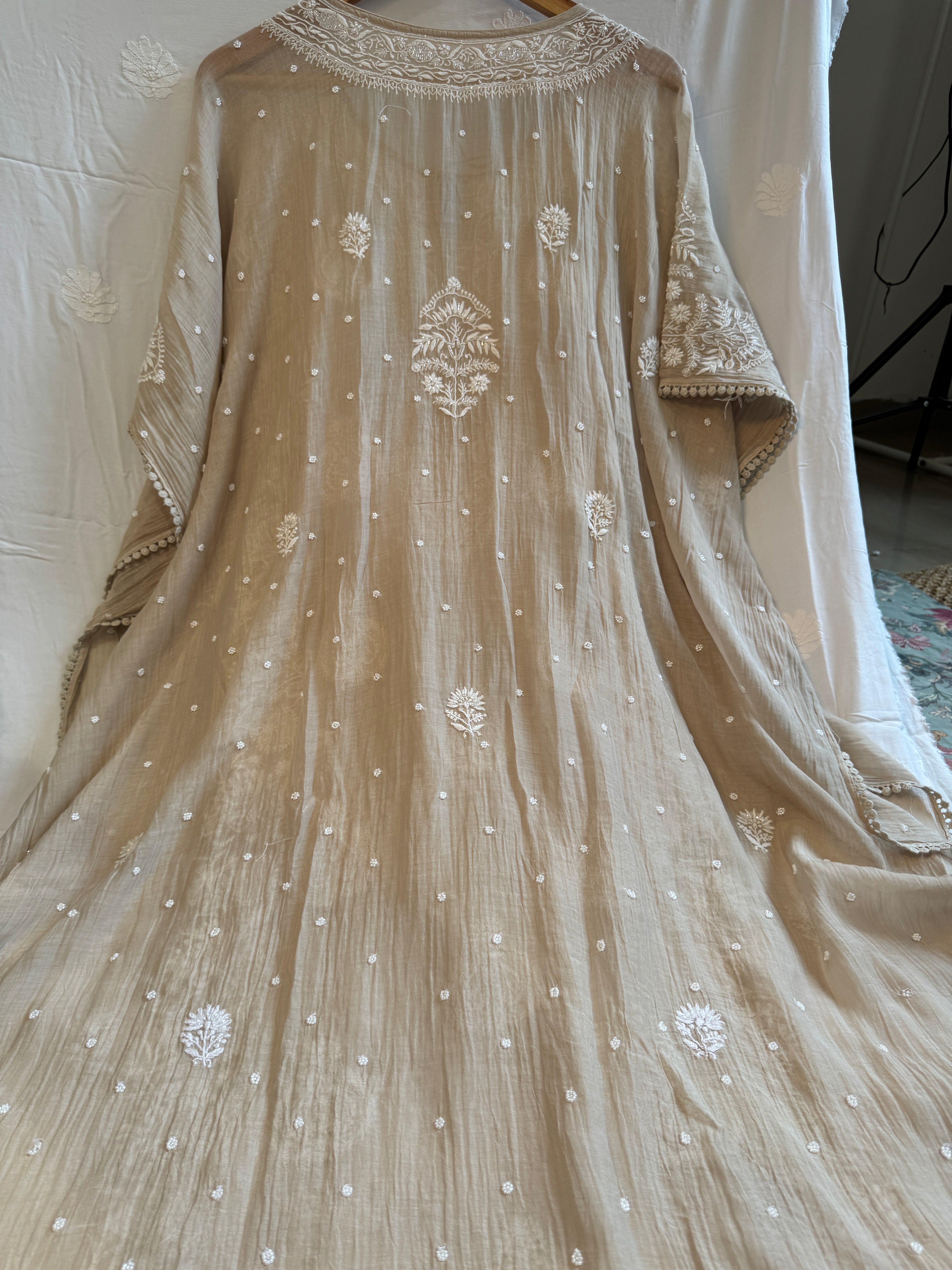 Mul Chanderi Chikankari Kaftan - Beige
