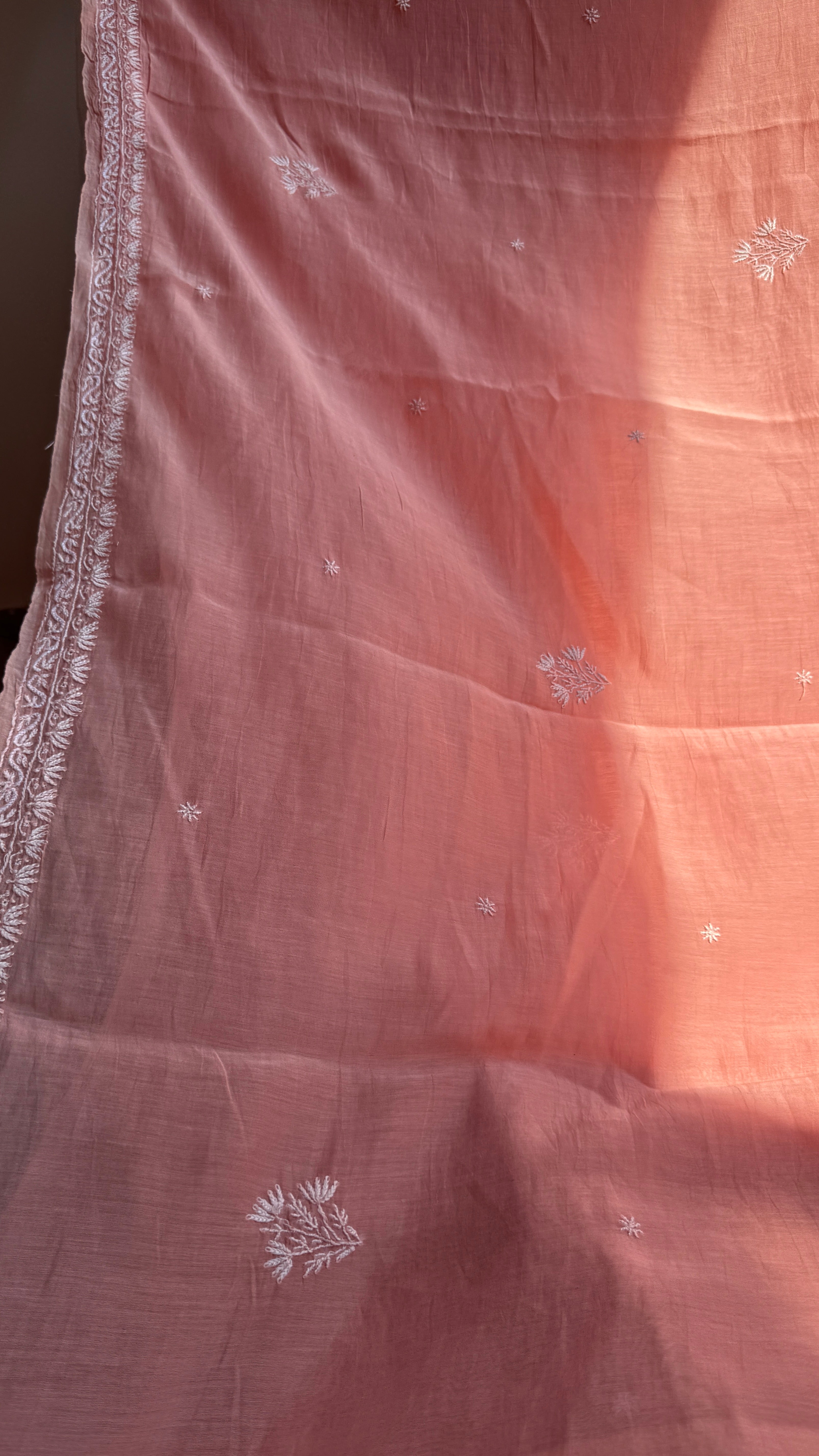 Pure Mul Chanderi Chikankari saree in Peach