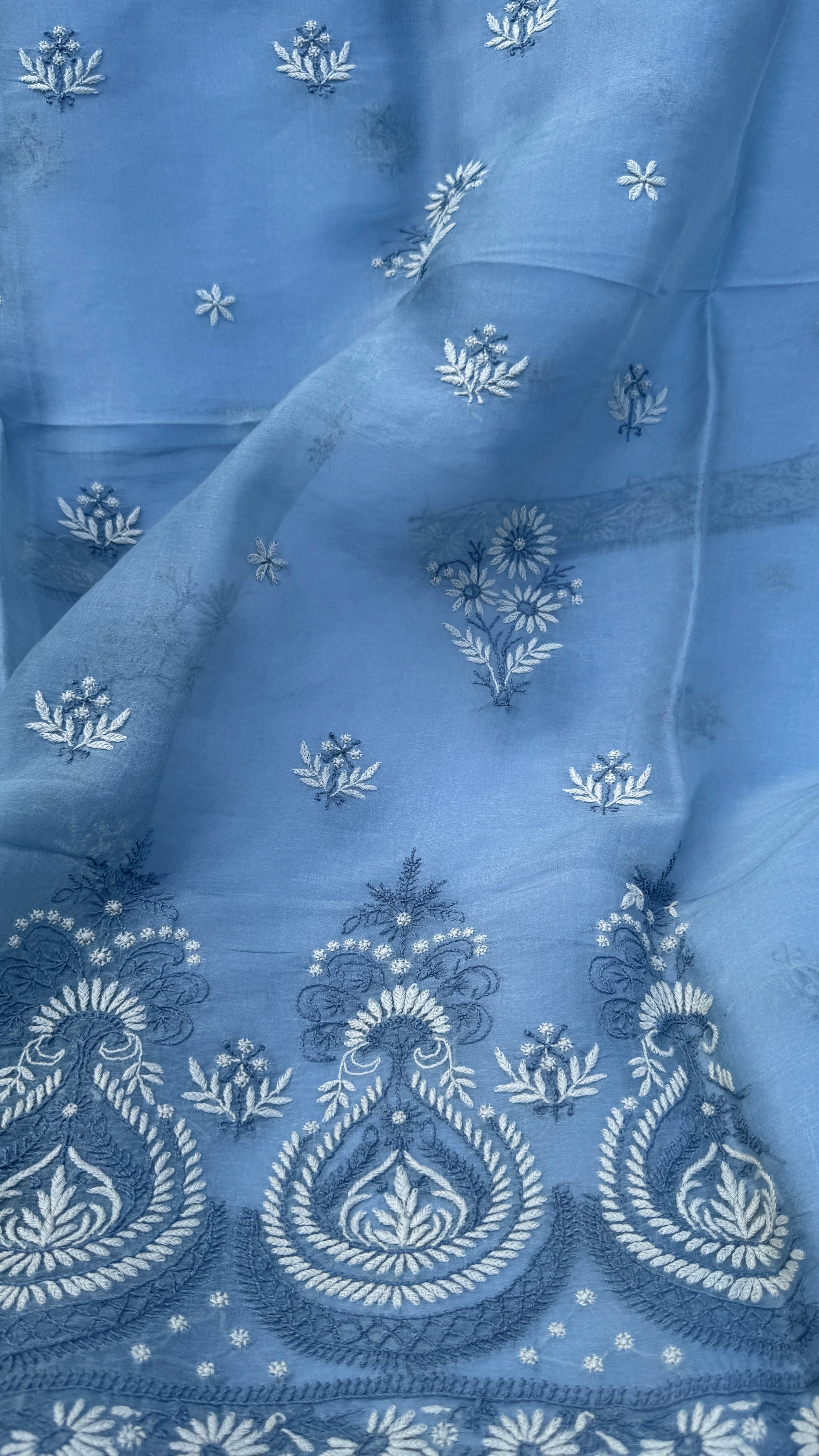 Pure Organza Lucknow Chikankari Unstitched Suit Set - Grey multi-color