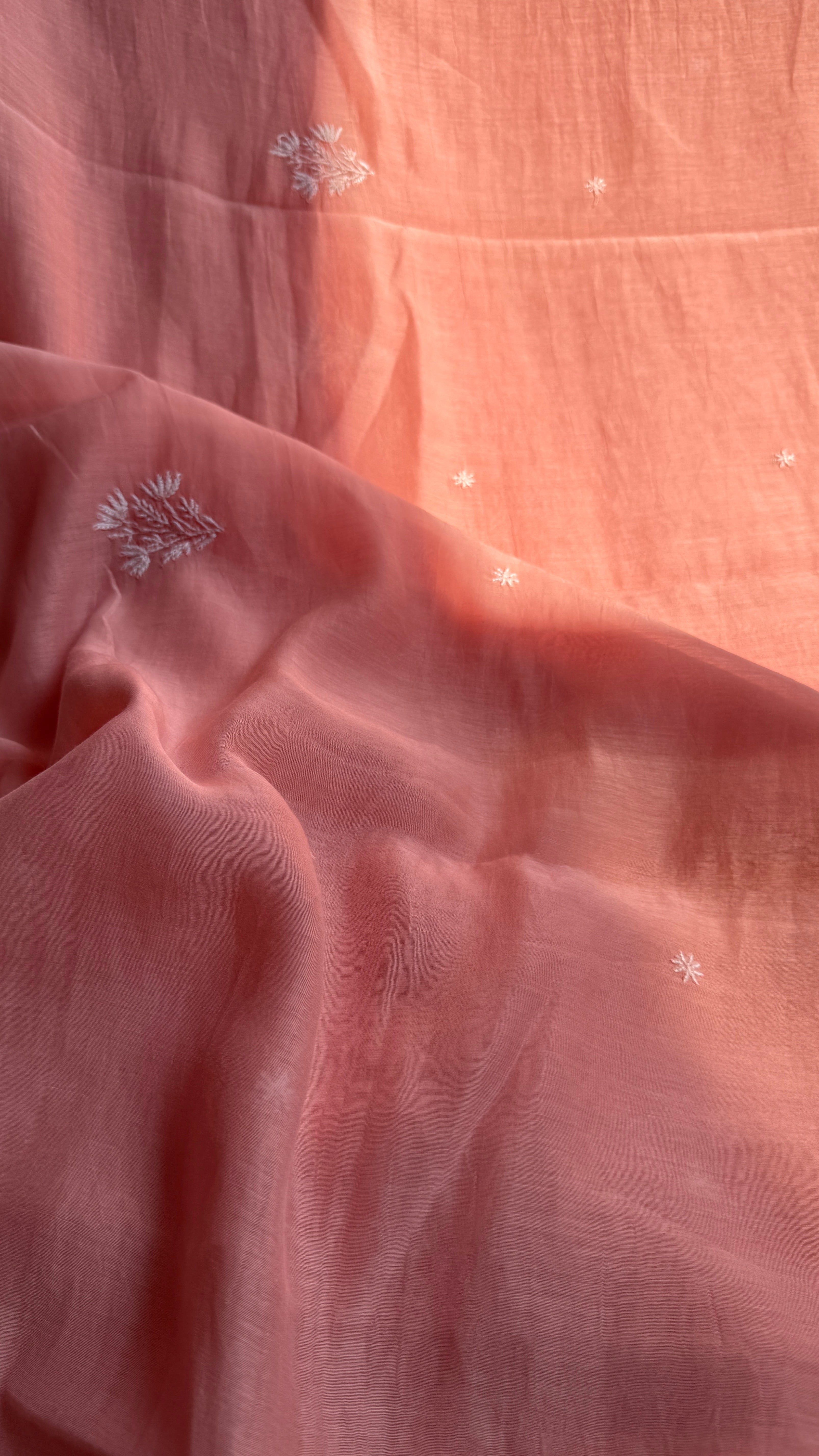 Pure Mul Chanderi Chikankari saree in Peach