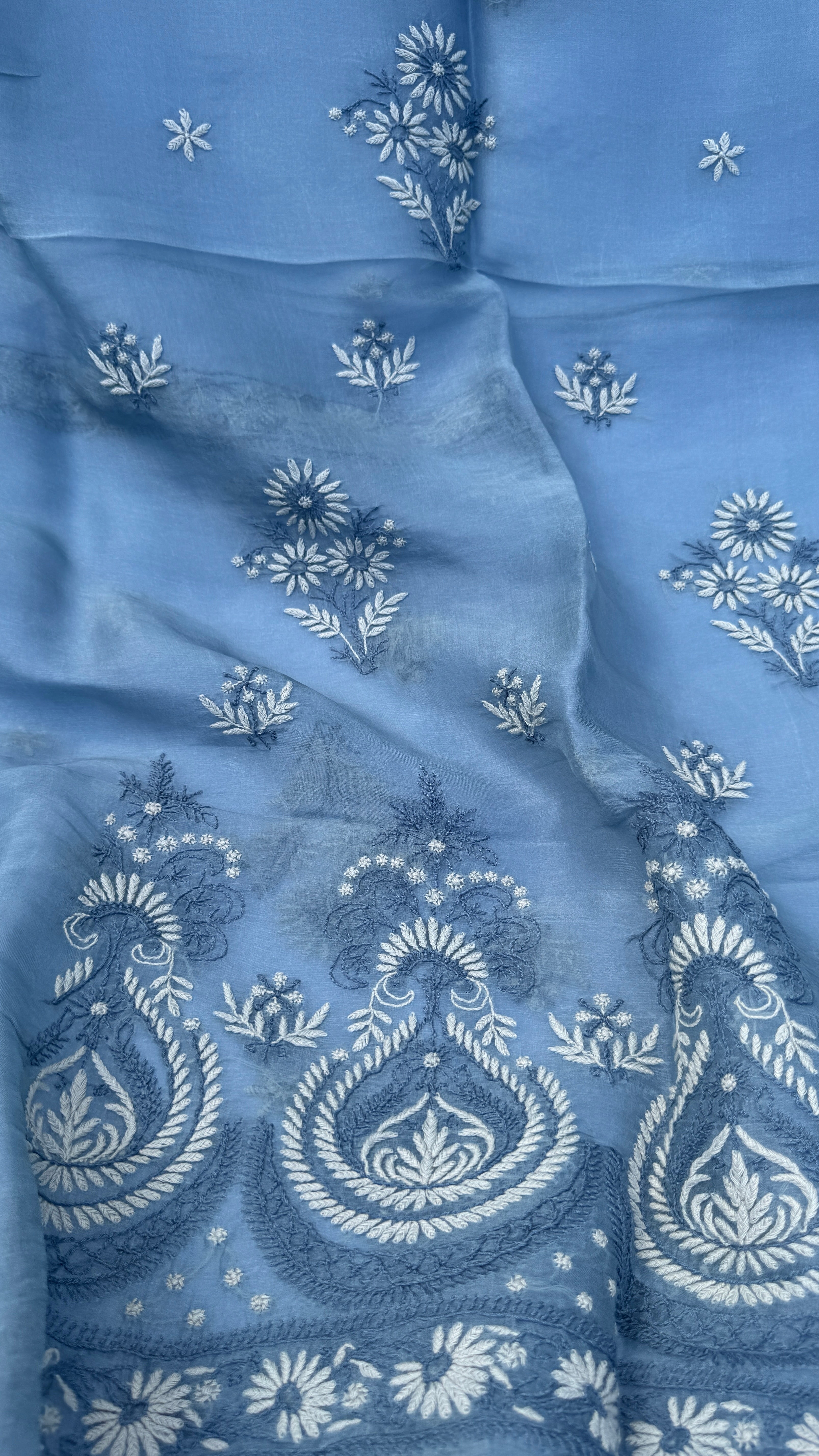 Pure Organza Lucknow Chikankari Unstitched Suit Set - Grey multi-color
