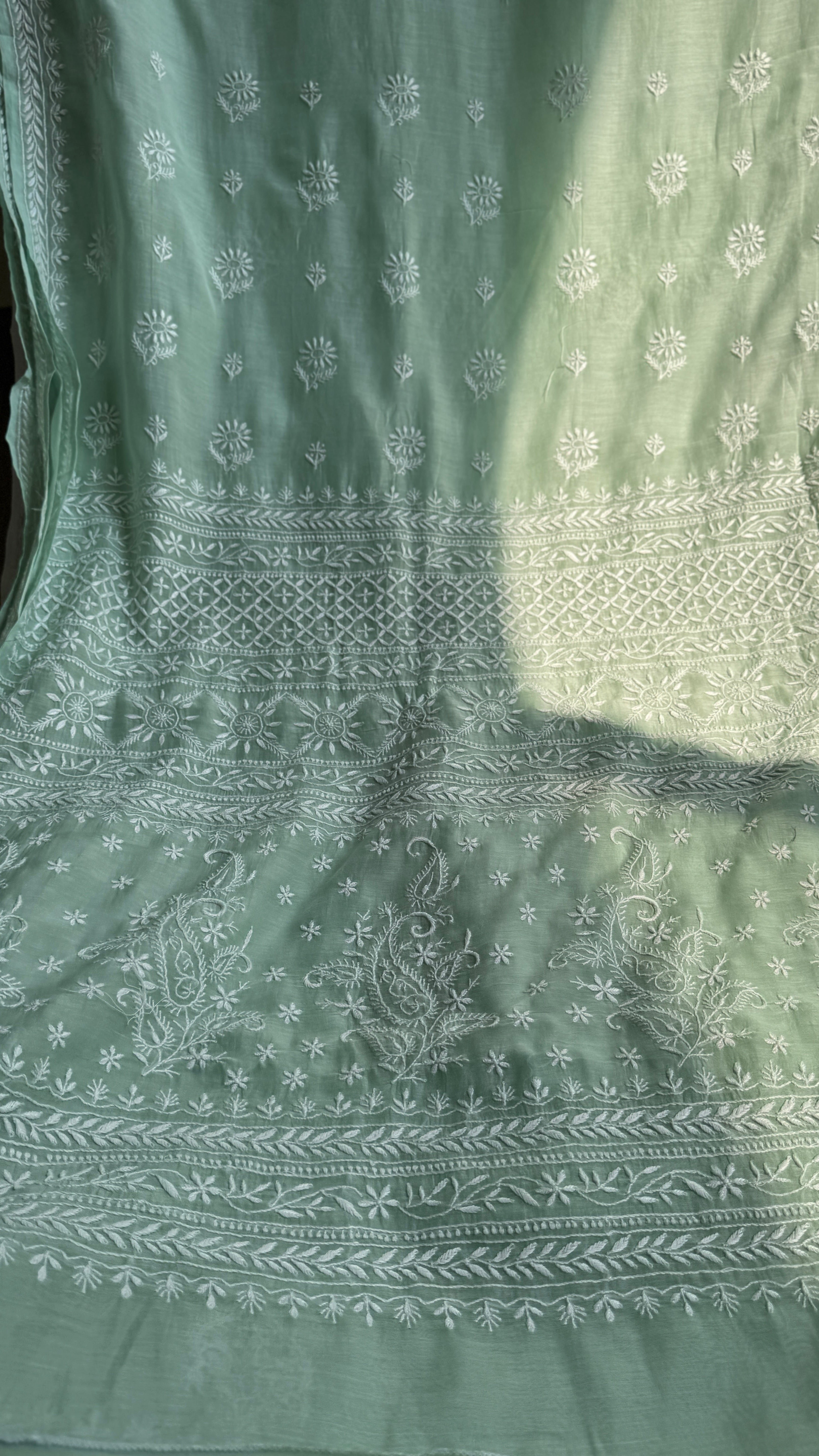 Pure Mul Chanderi Chikankari saree in Green