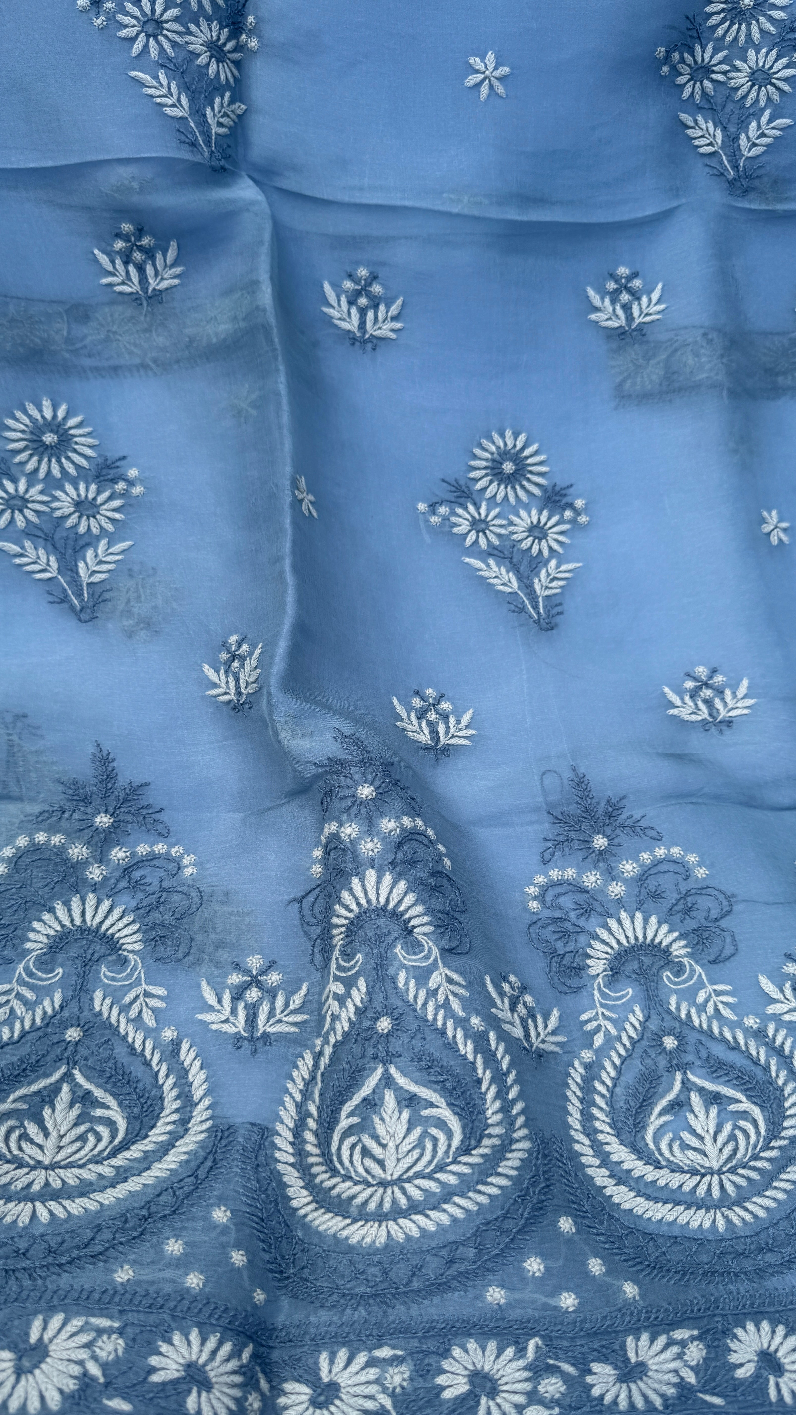 Pure Organza Lucknow Chikankari Unstitched Suit Set - Grey multi-color