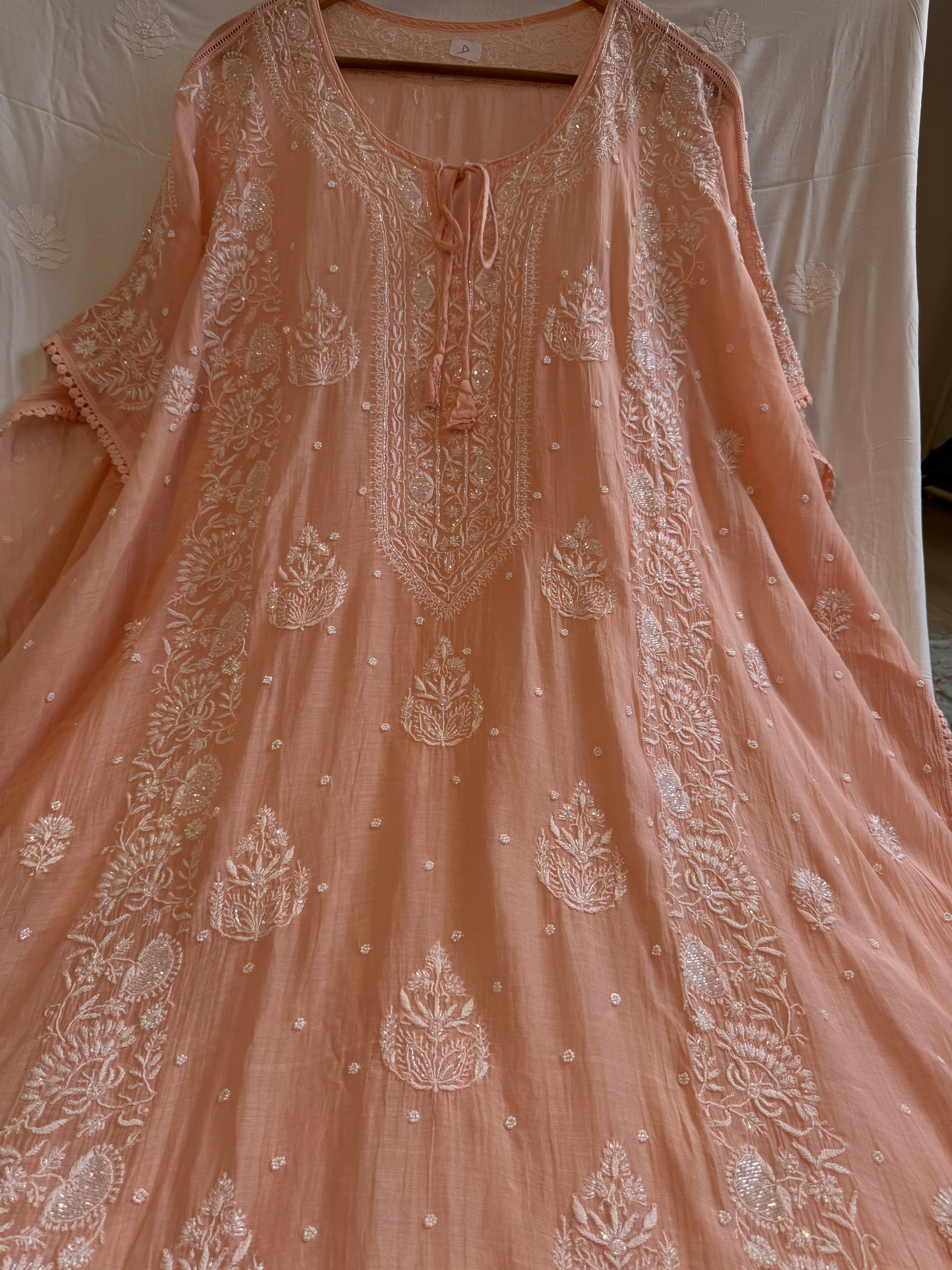 Mul Chanderi Chikankari Kaftan - Peach