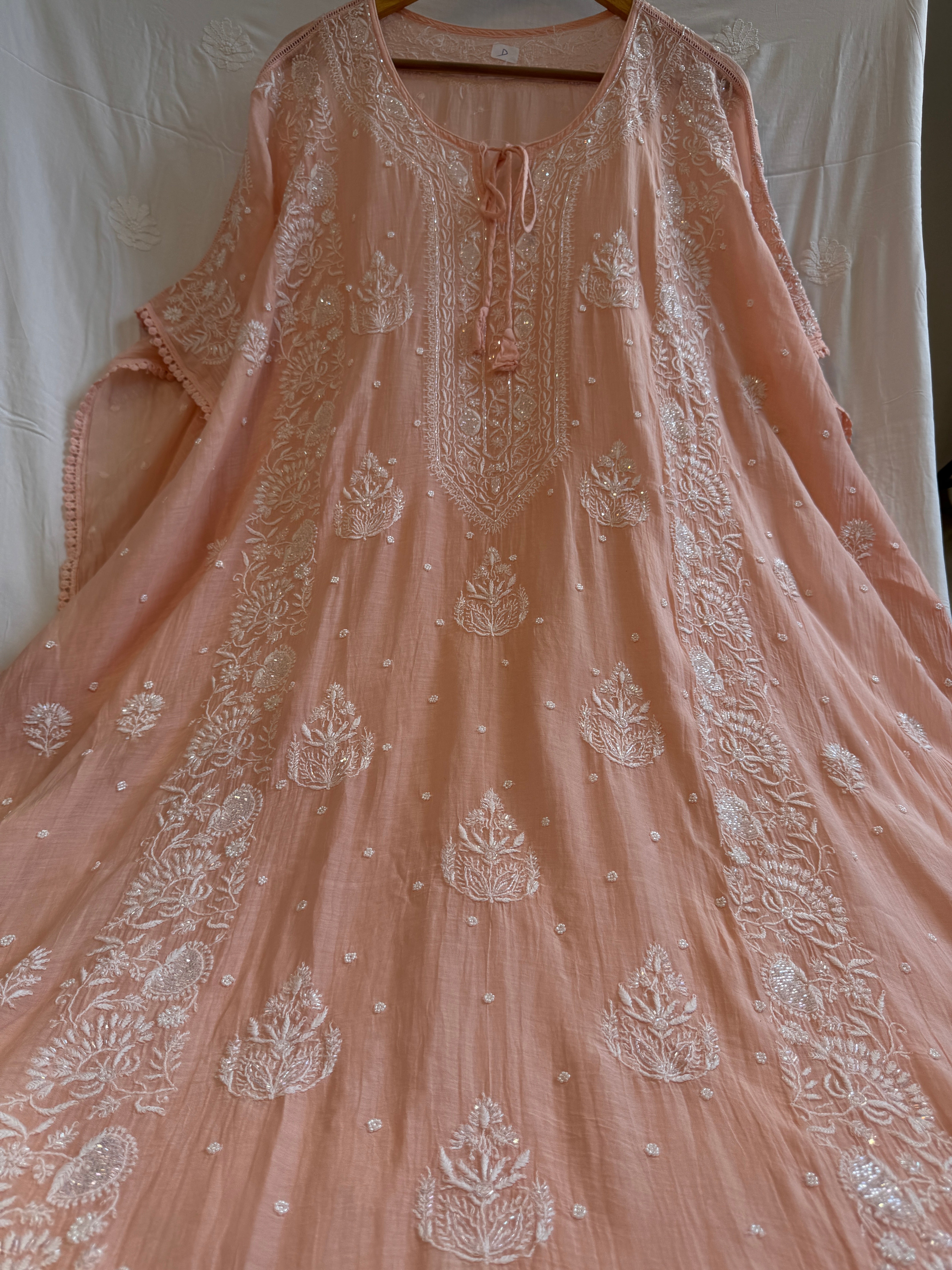Mul Chanderi Chikankari Kaftan - Peach