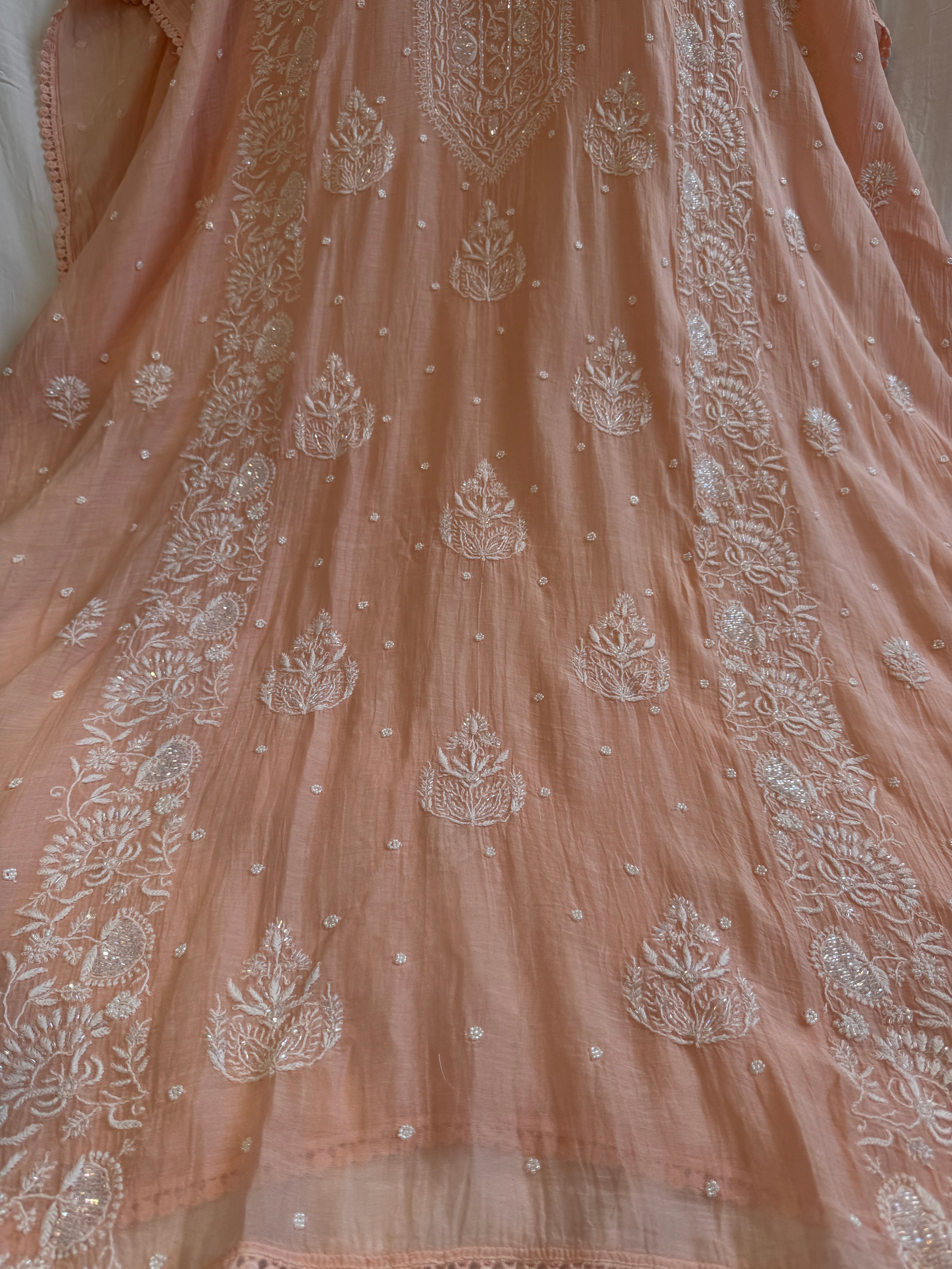 Mul Chanderi Chikankari Kaftan - Peach