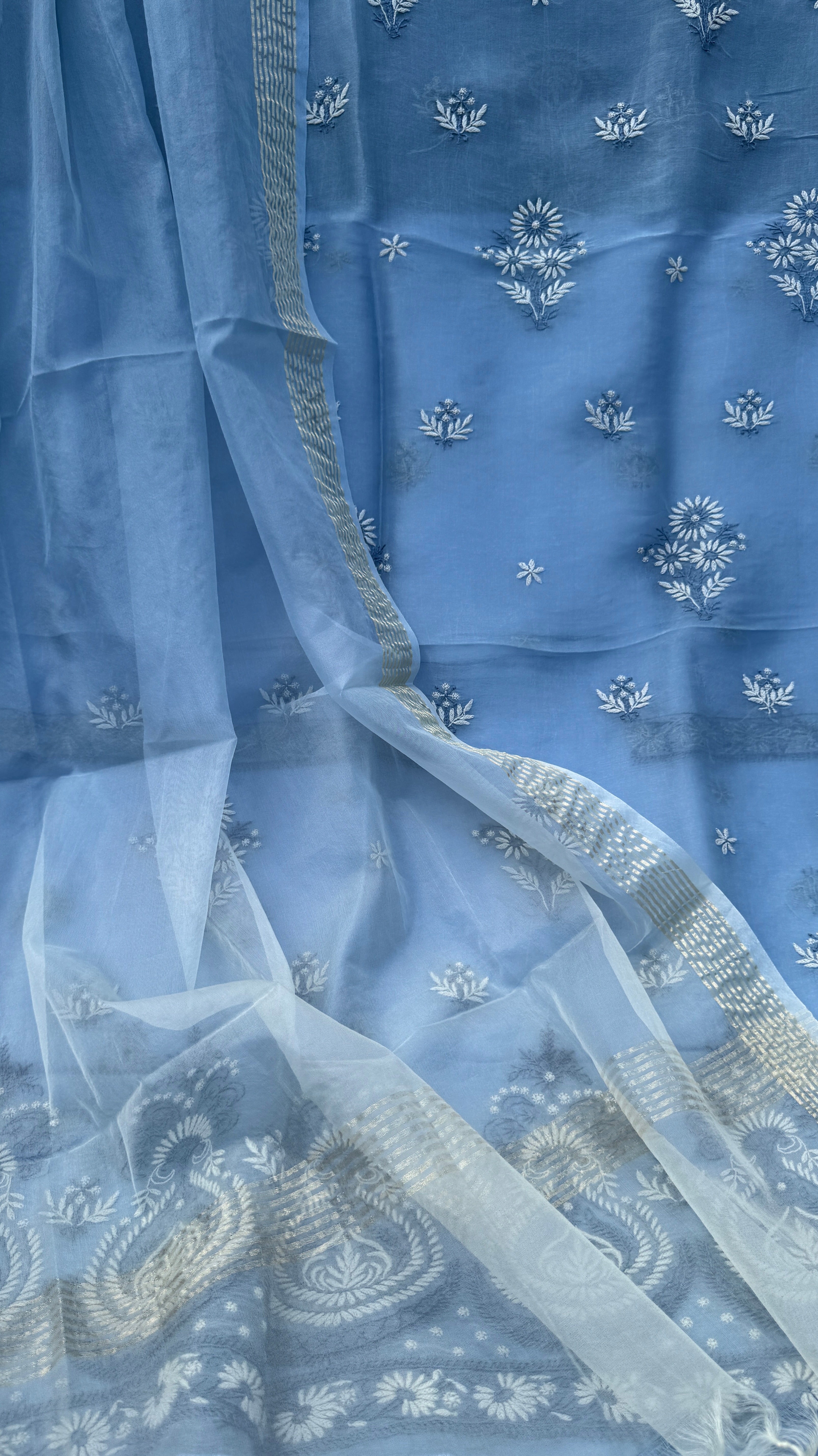 Pure Organza Lucknow Chikankari Unstitched Suit Set - Grey multi-color