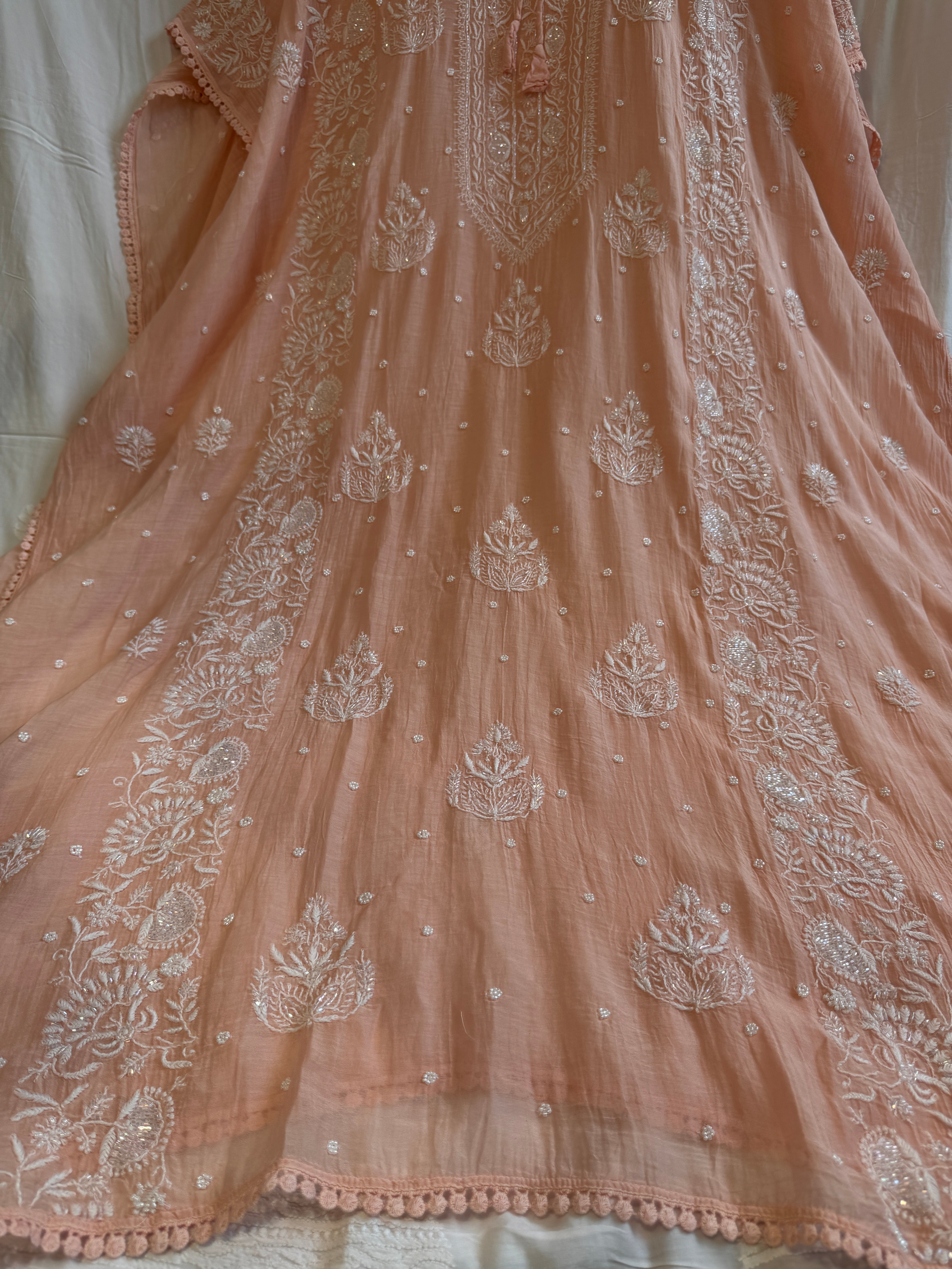Mul Chanderi Chikankari Kaftan - Peach