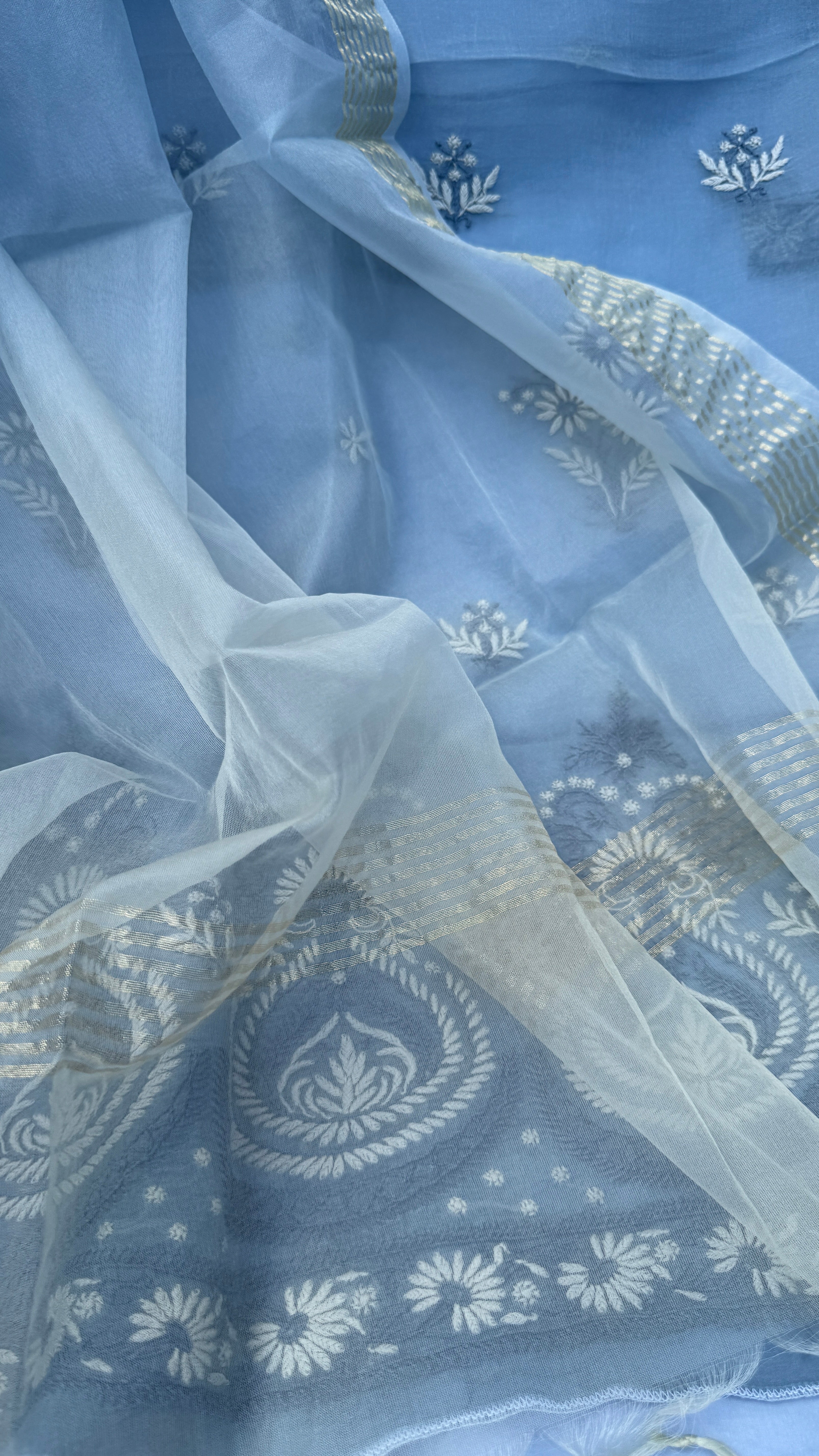 Pure Organza Lucknow Chikankari Unstitched Suit Set - Grey multi-color