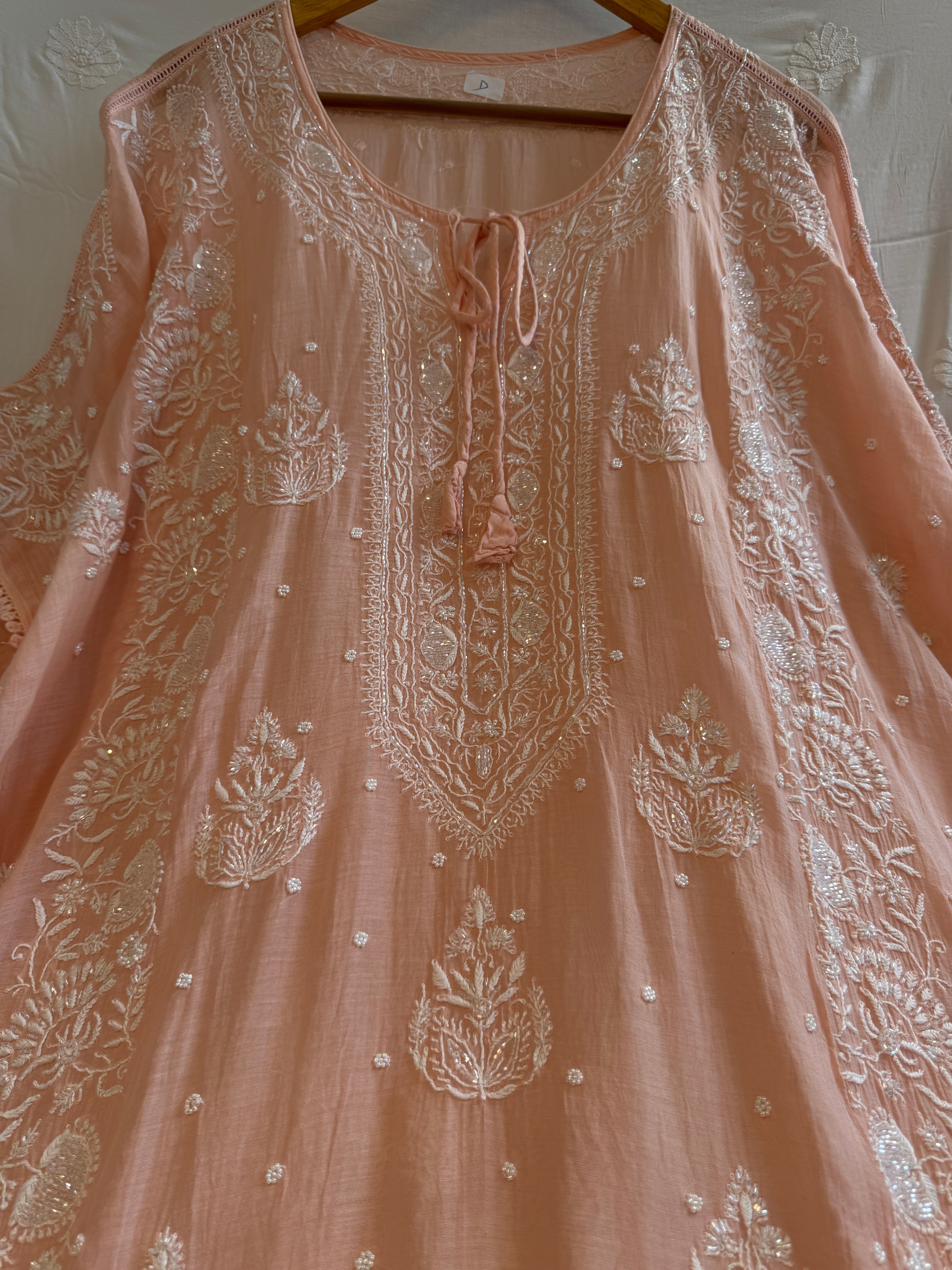 Mul Chanderi Chikankari Kaftan - Peach