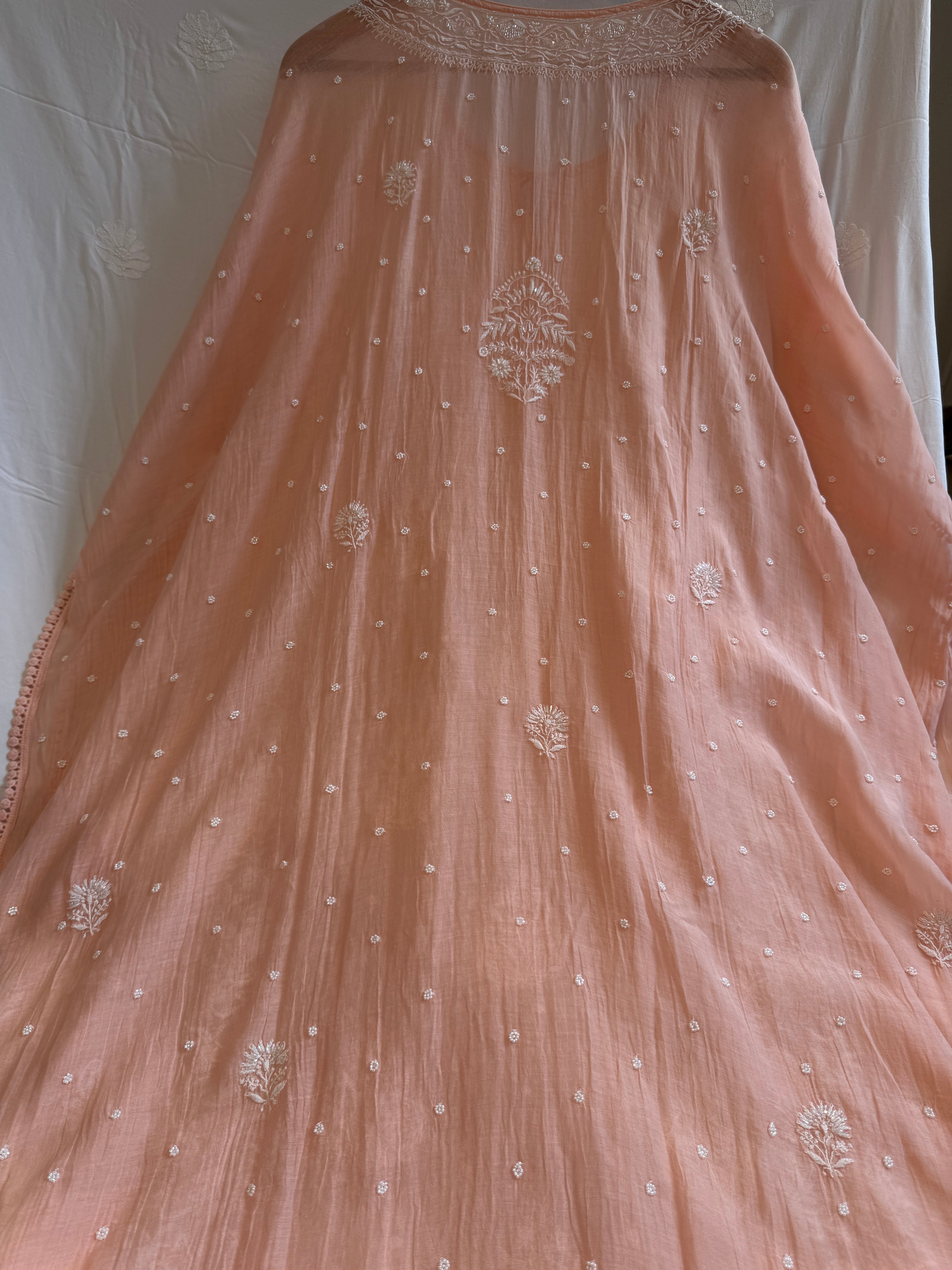 Mul Chanderi Chikankari Kaftan - Peach