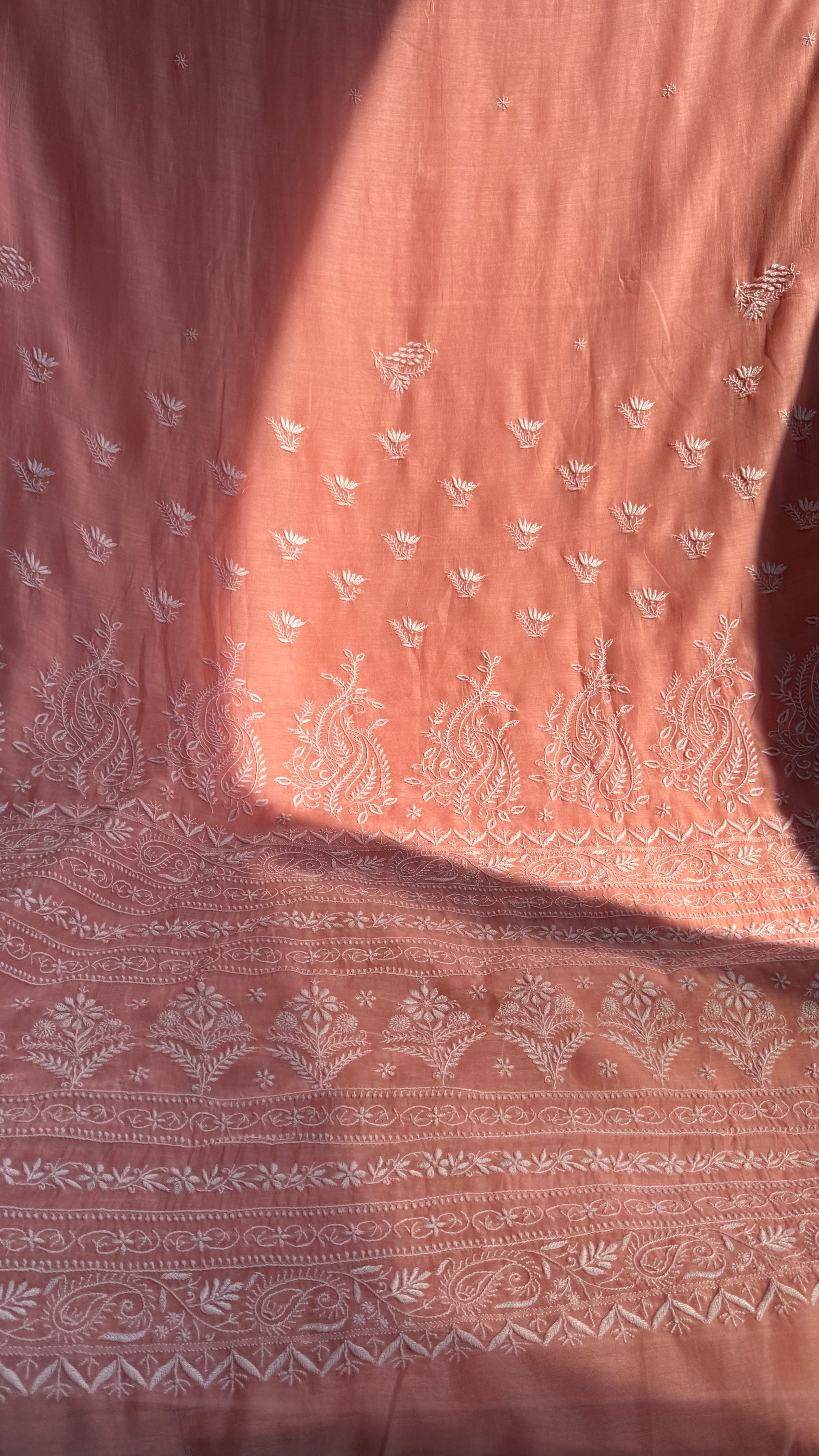 Pure Mul Chanderi Chikankari saree in Peach