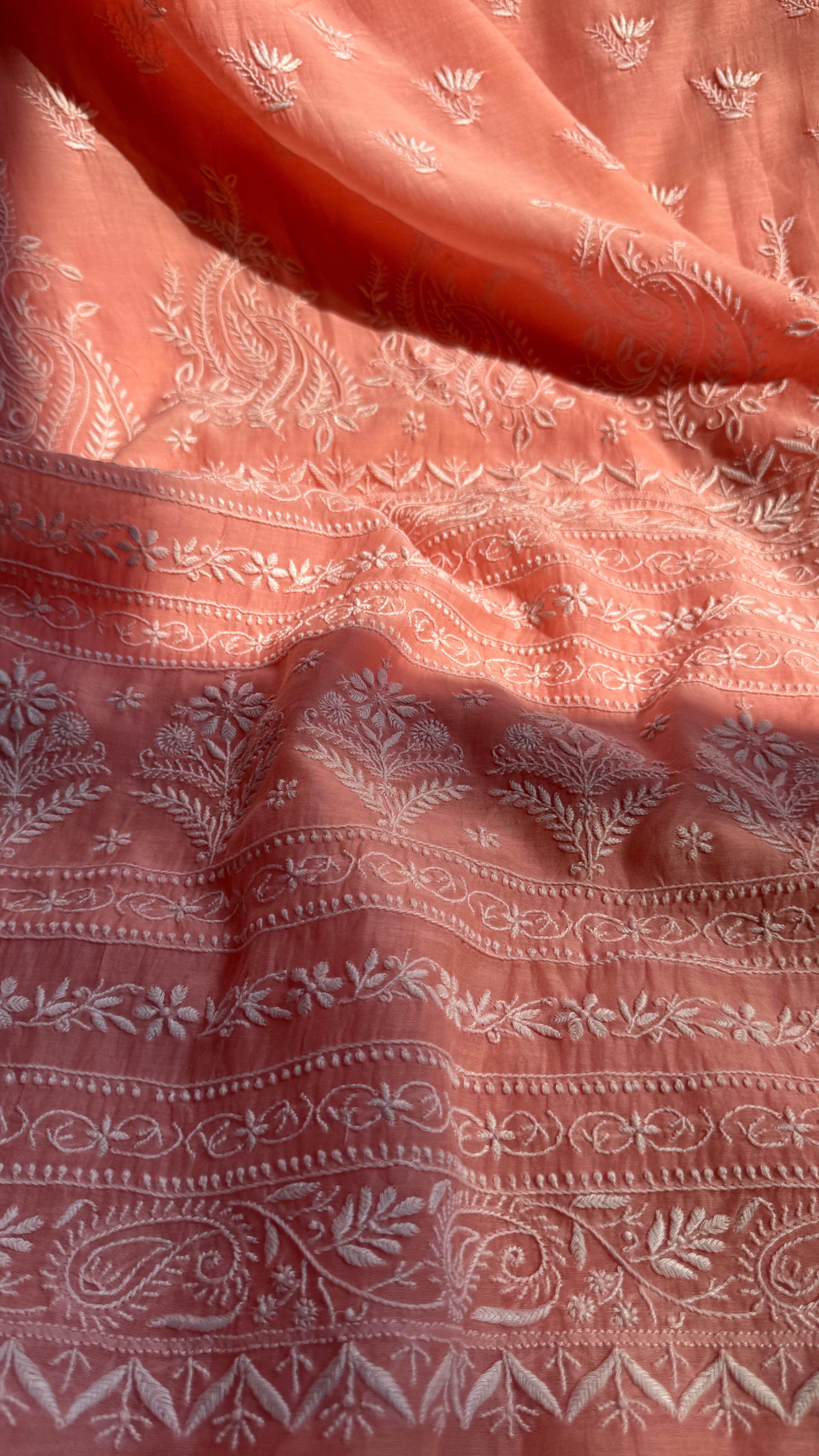Pure Mul Chanderi Chikankari saree in Peach