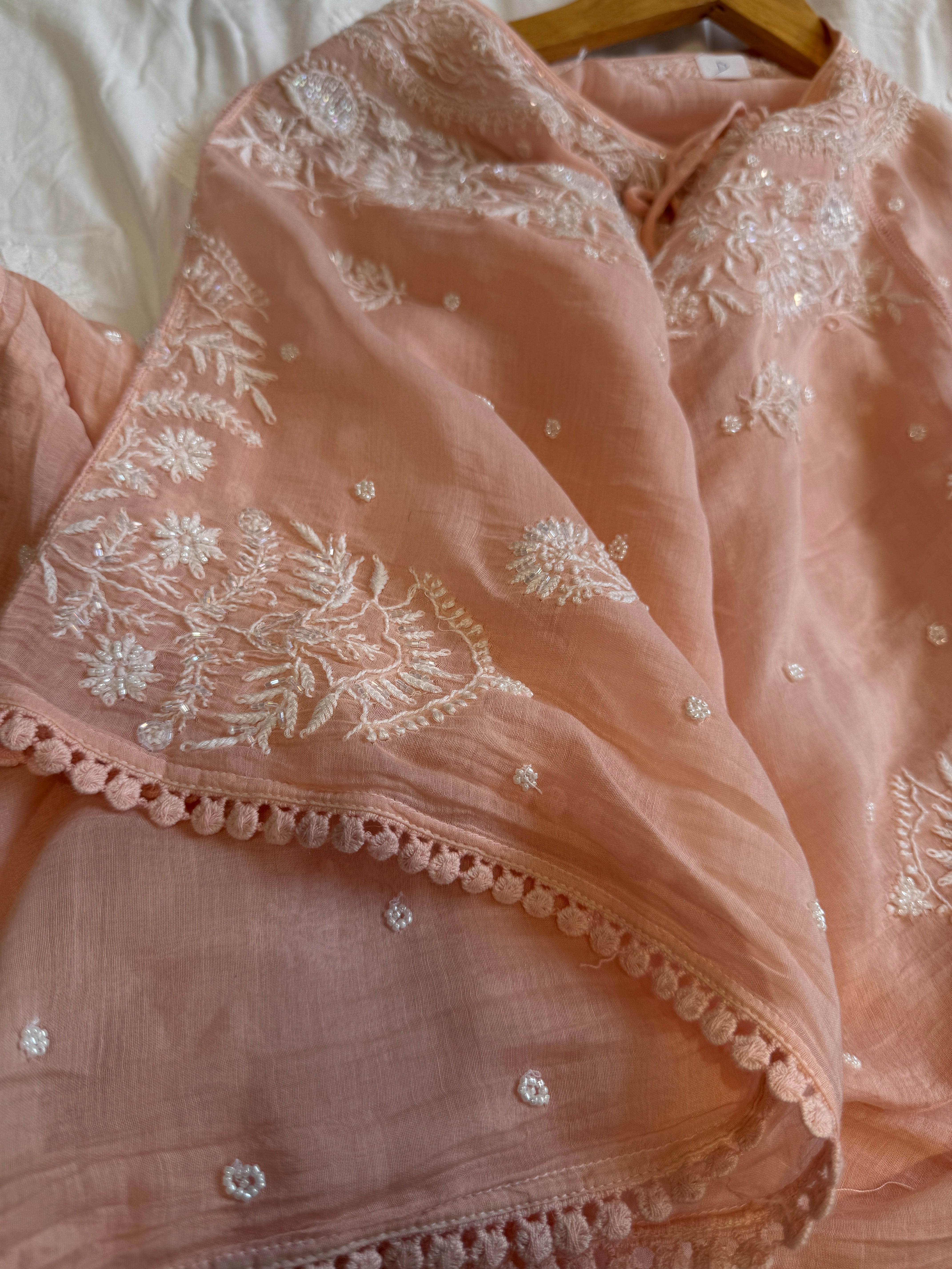 Mul Chanderi Chikankari Kaftan - Peach