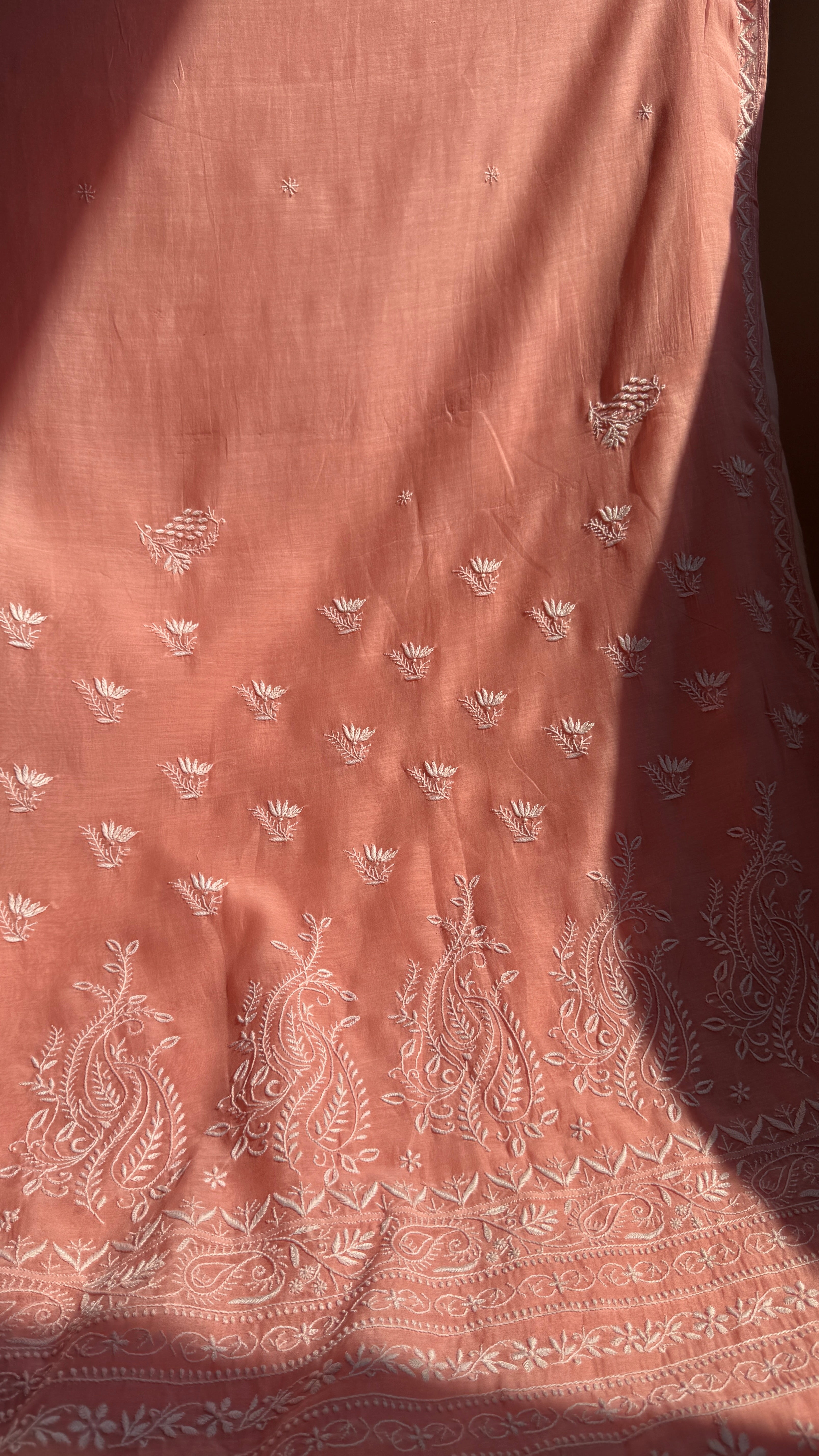 Pure Mul Chanderi Chikankari saree in Peach