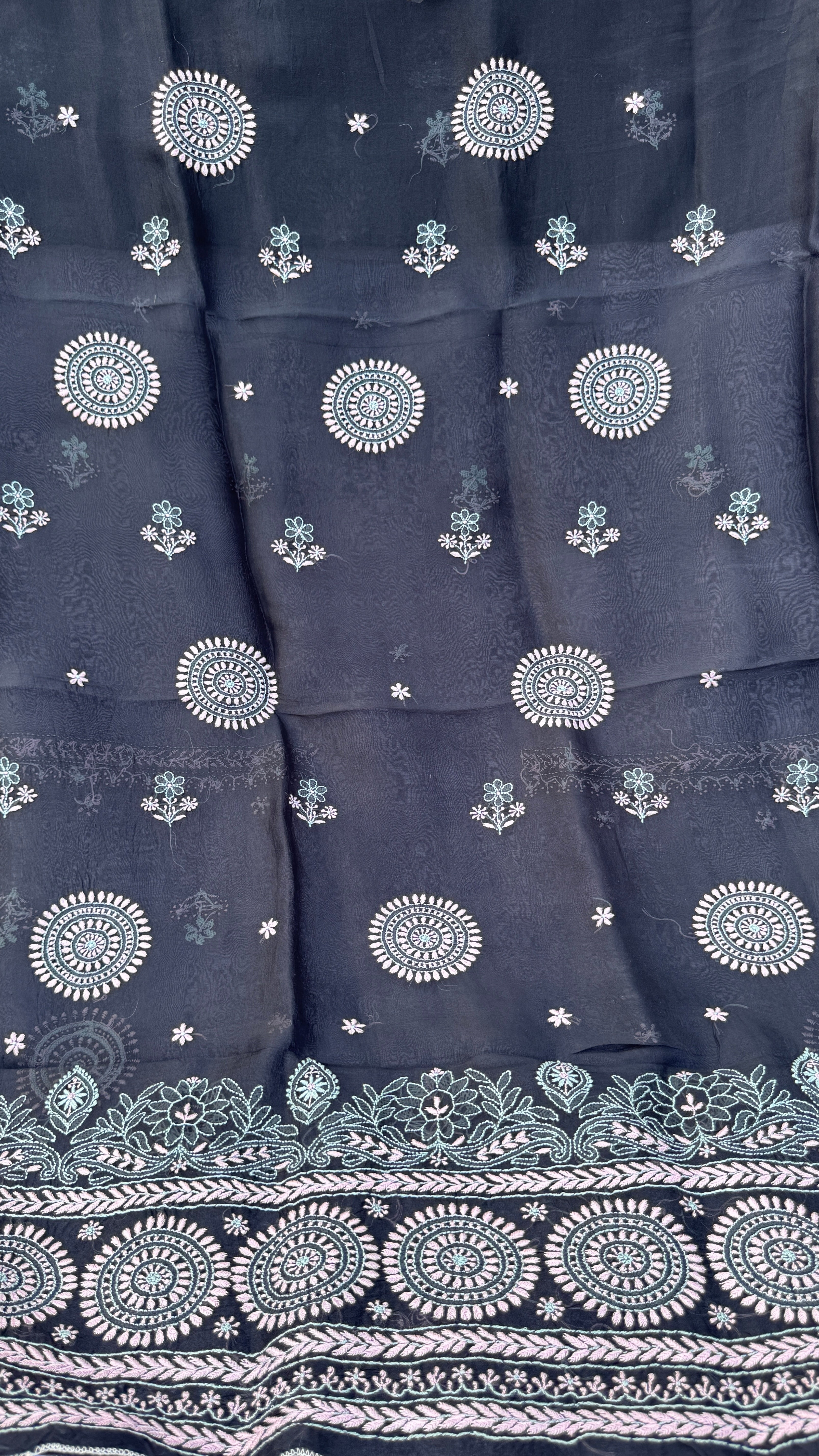Pure Organza Lucknow Chikankari Unstitched Suit Set - Black multi-color