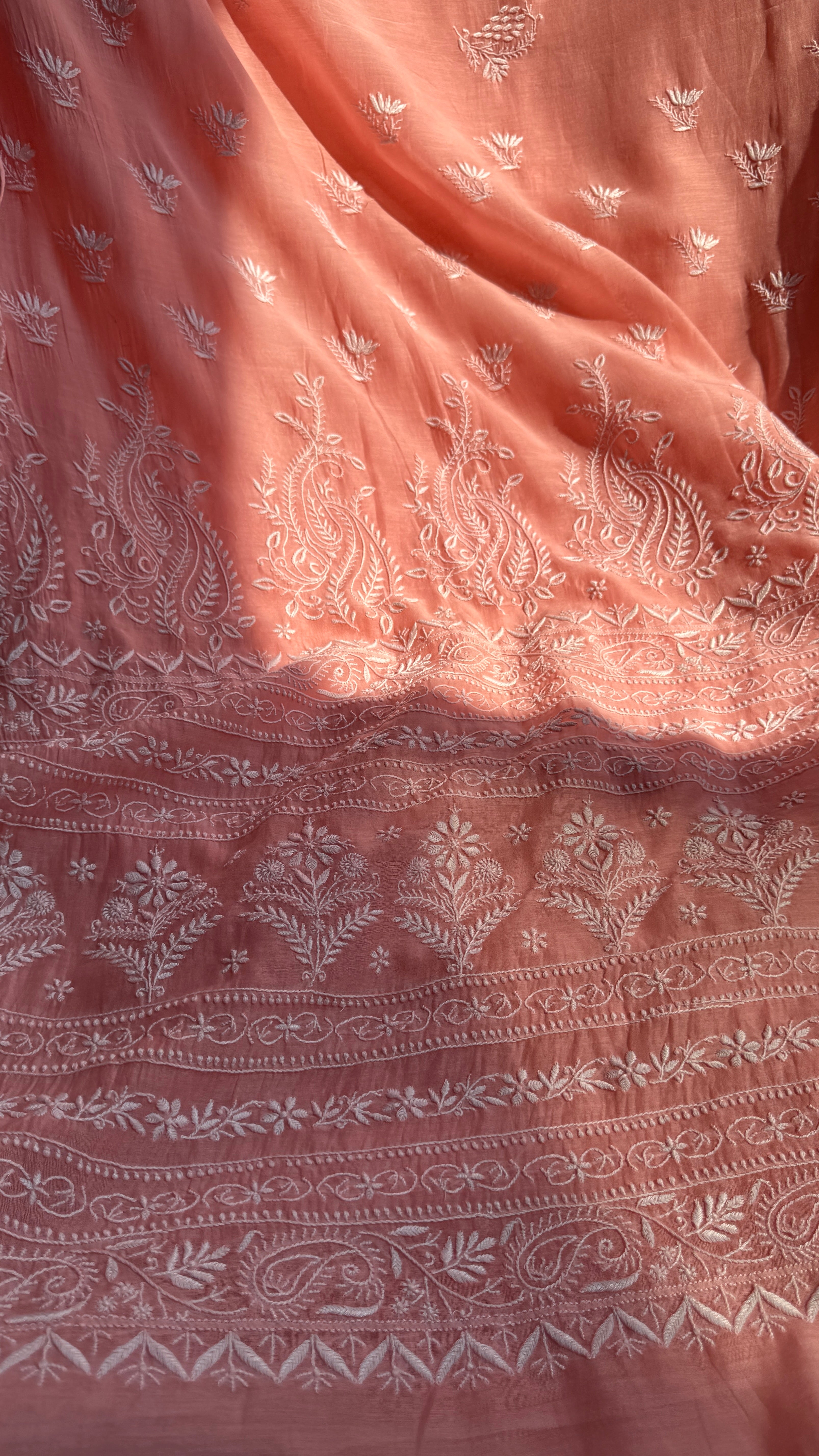 Pure Mul Chanderi Chikankari saree in Peach