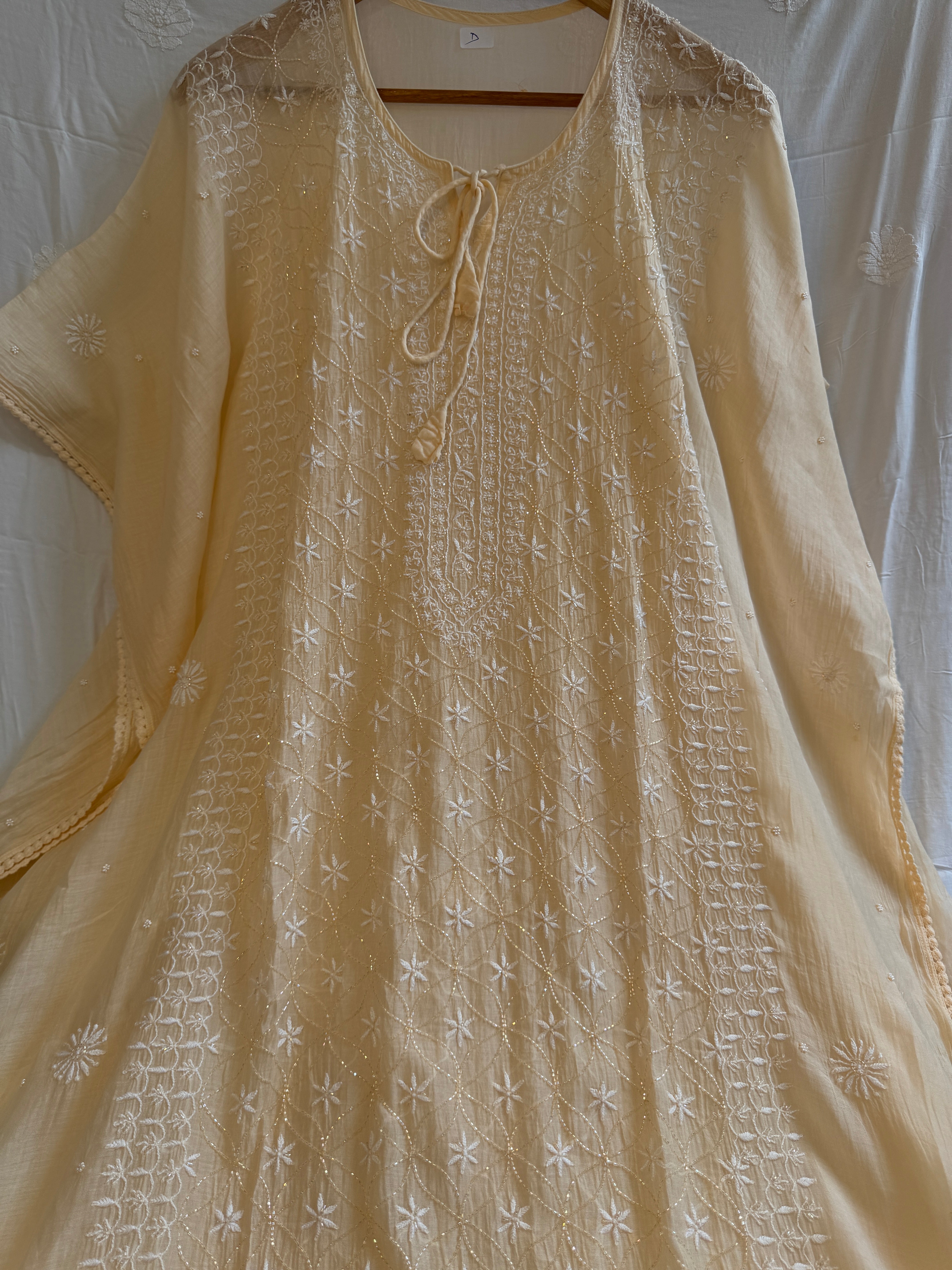 Mul Chanderi Chikankari Kaftan - Ivory