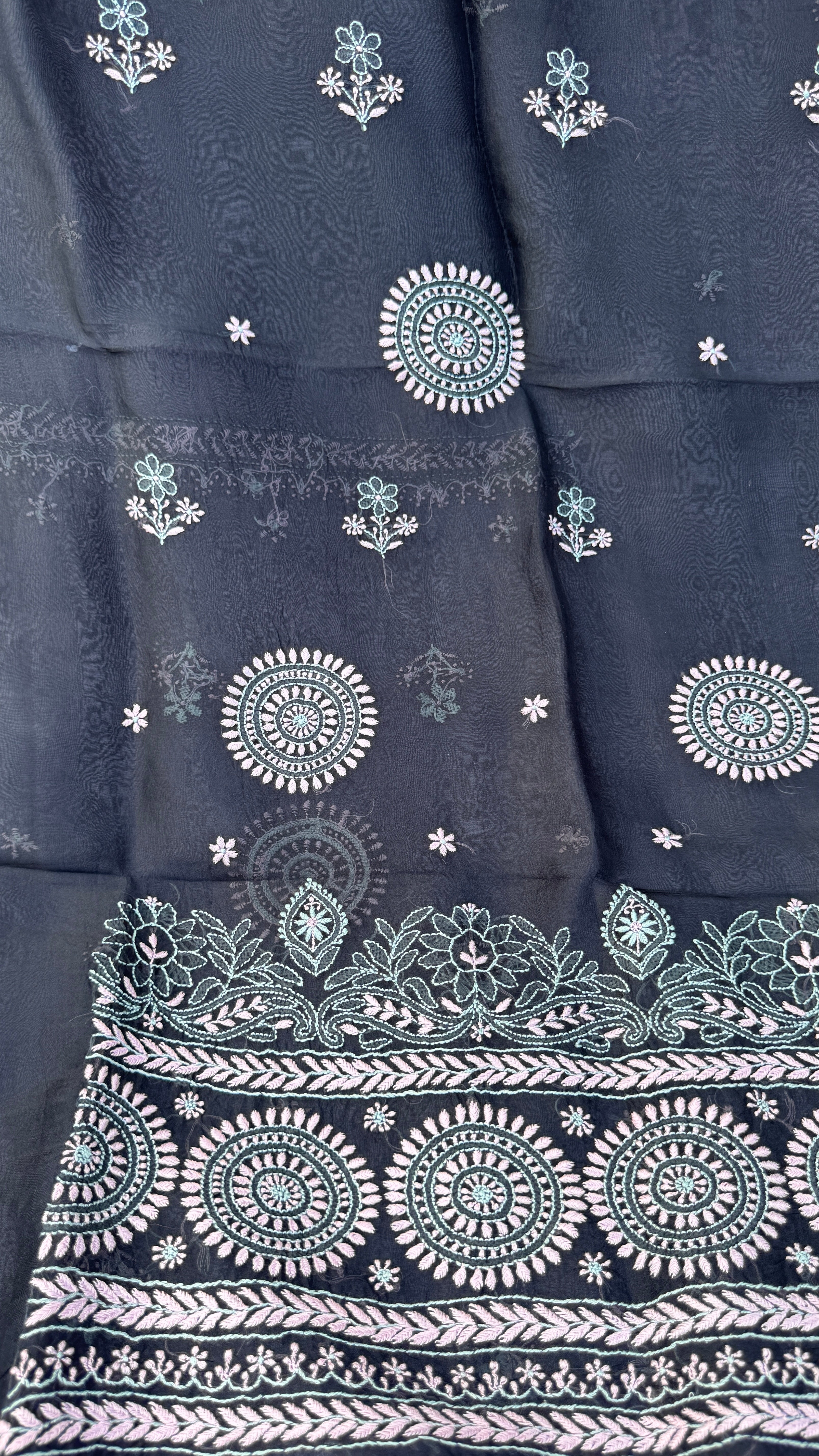 Pure Organza Lucknow Chikankari Unstitched Suit Set - Black multi-color
