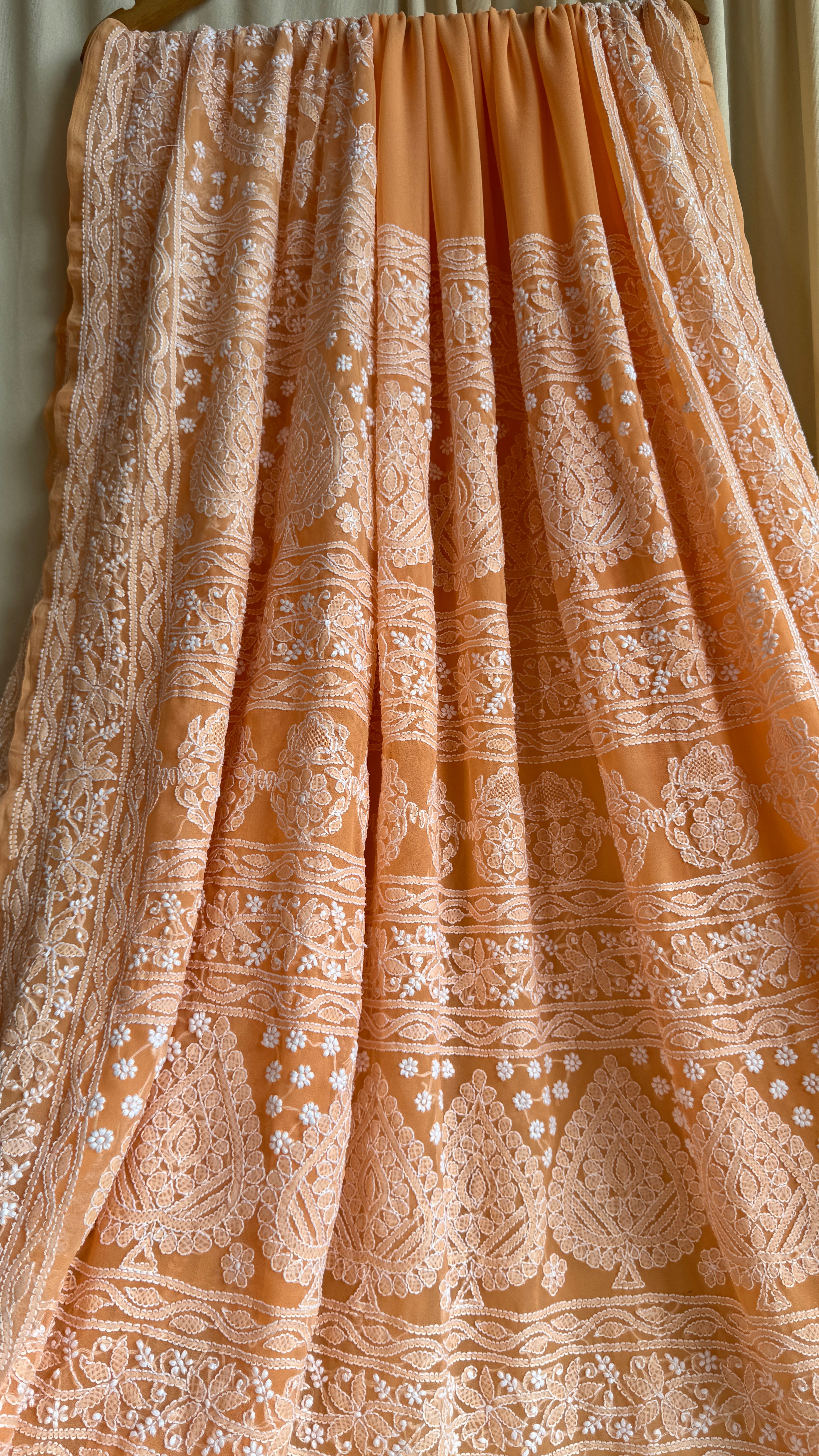 Georgette Chikankari saree in Sunset Orange