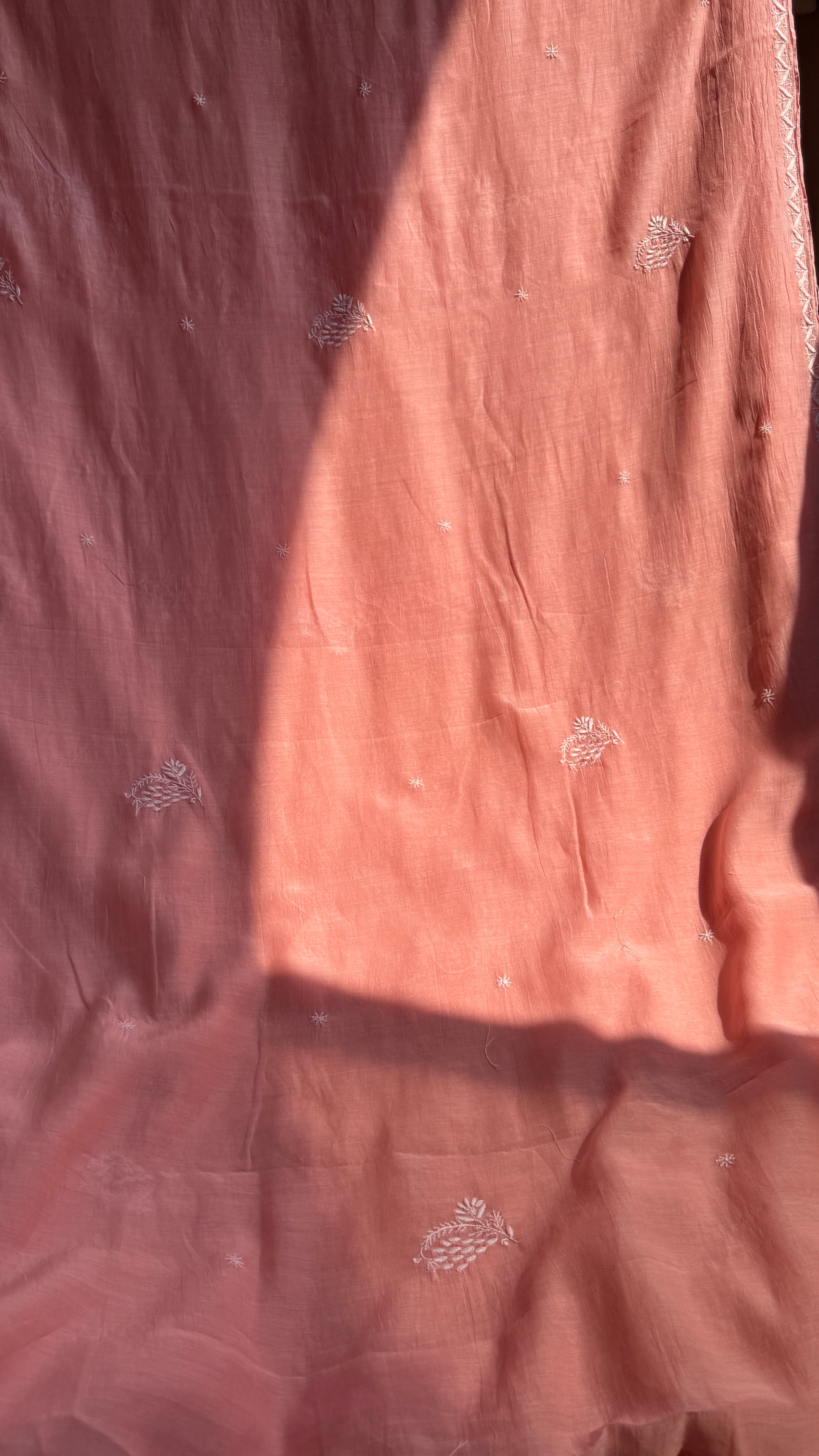 Pure Mul Chanderi Chikankari saree in Peach