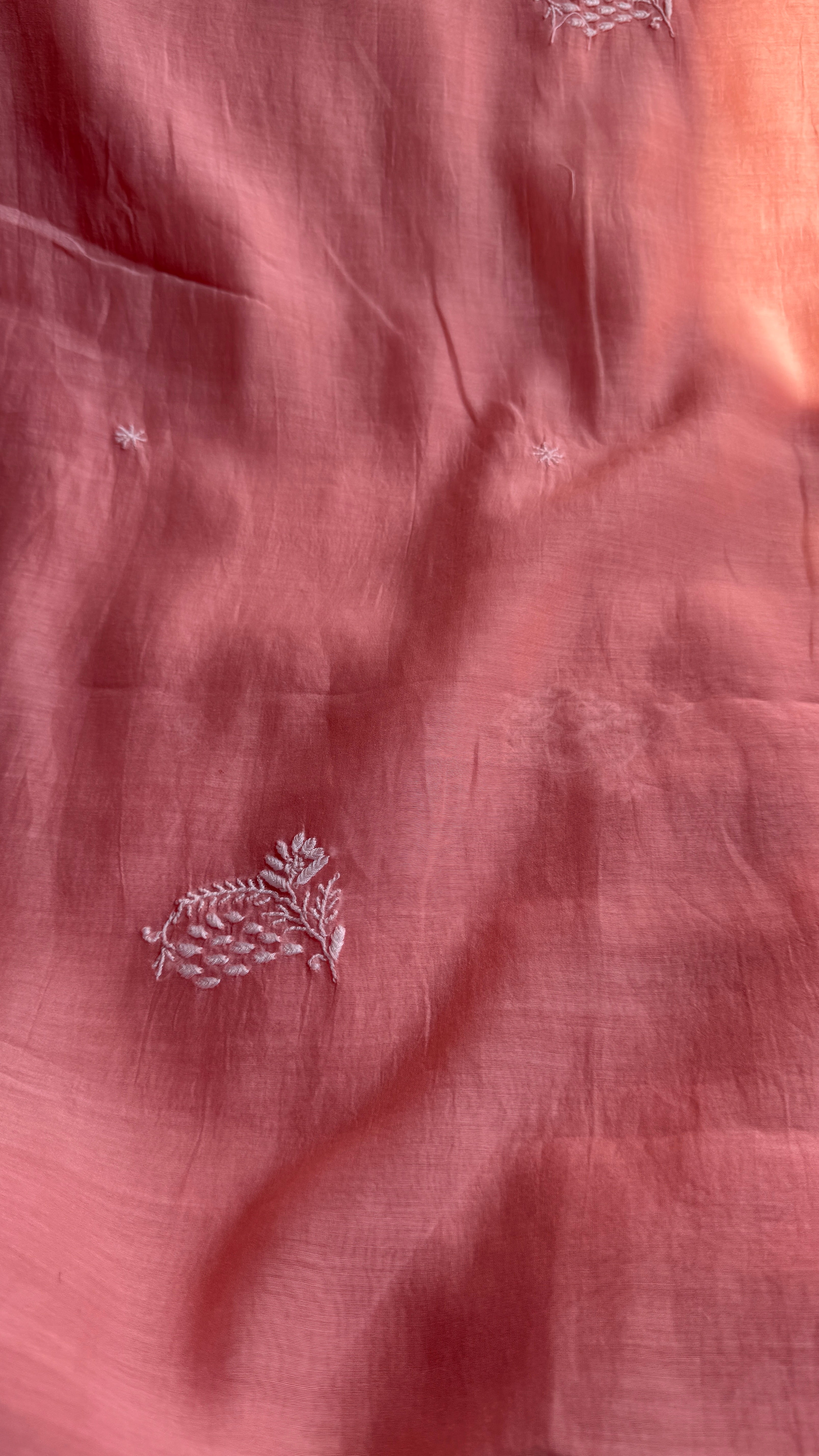 Pure Mul Chanderi Chikankari saree in Peach