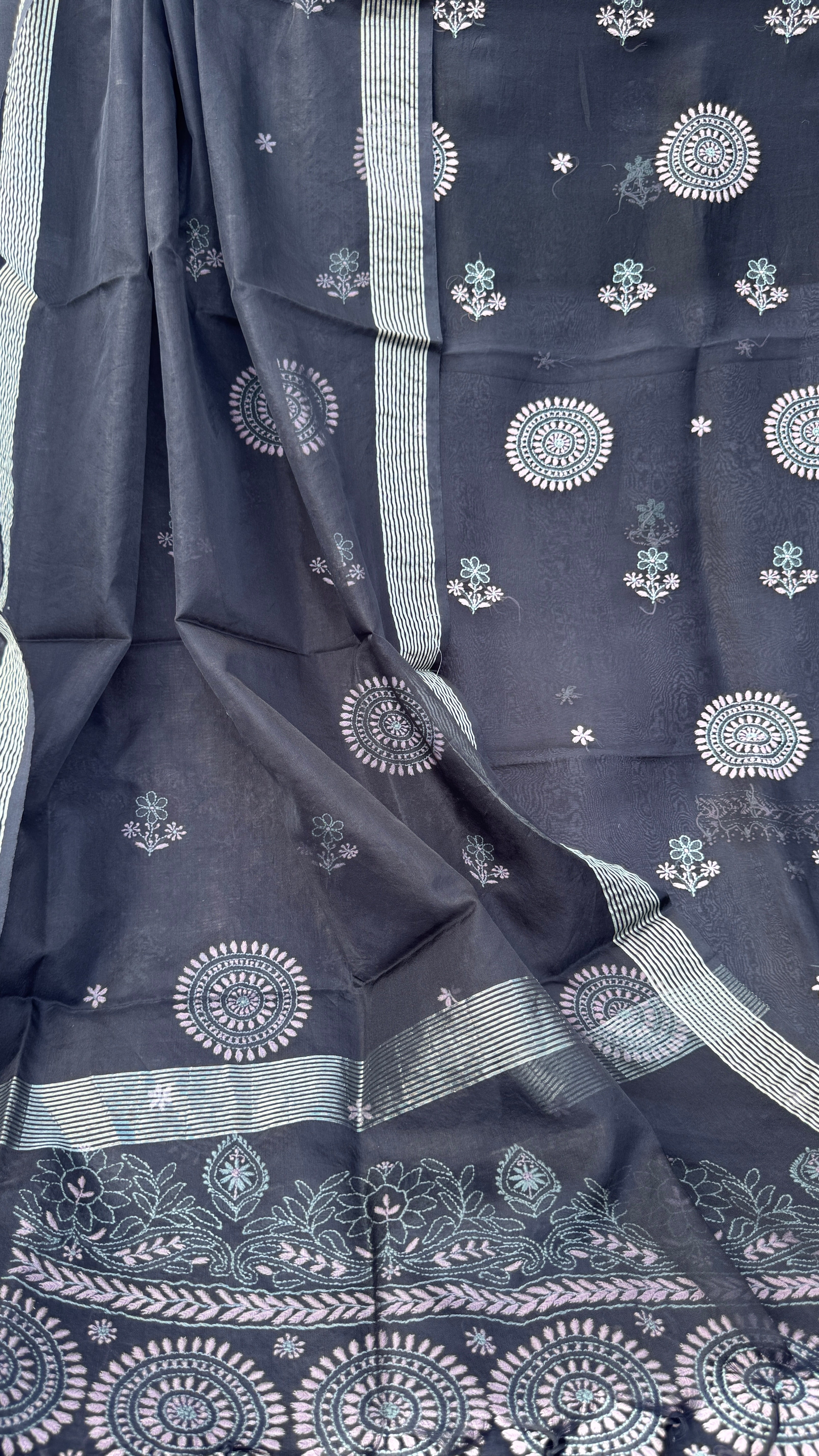 Pure Organza Lucknow Chikankari Unstitched Suit Set - Black multi-color