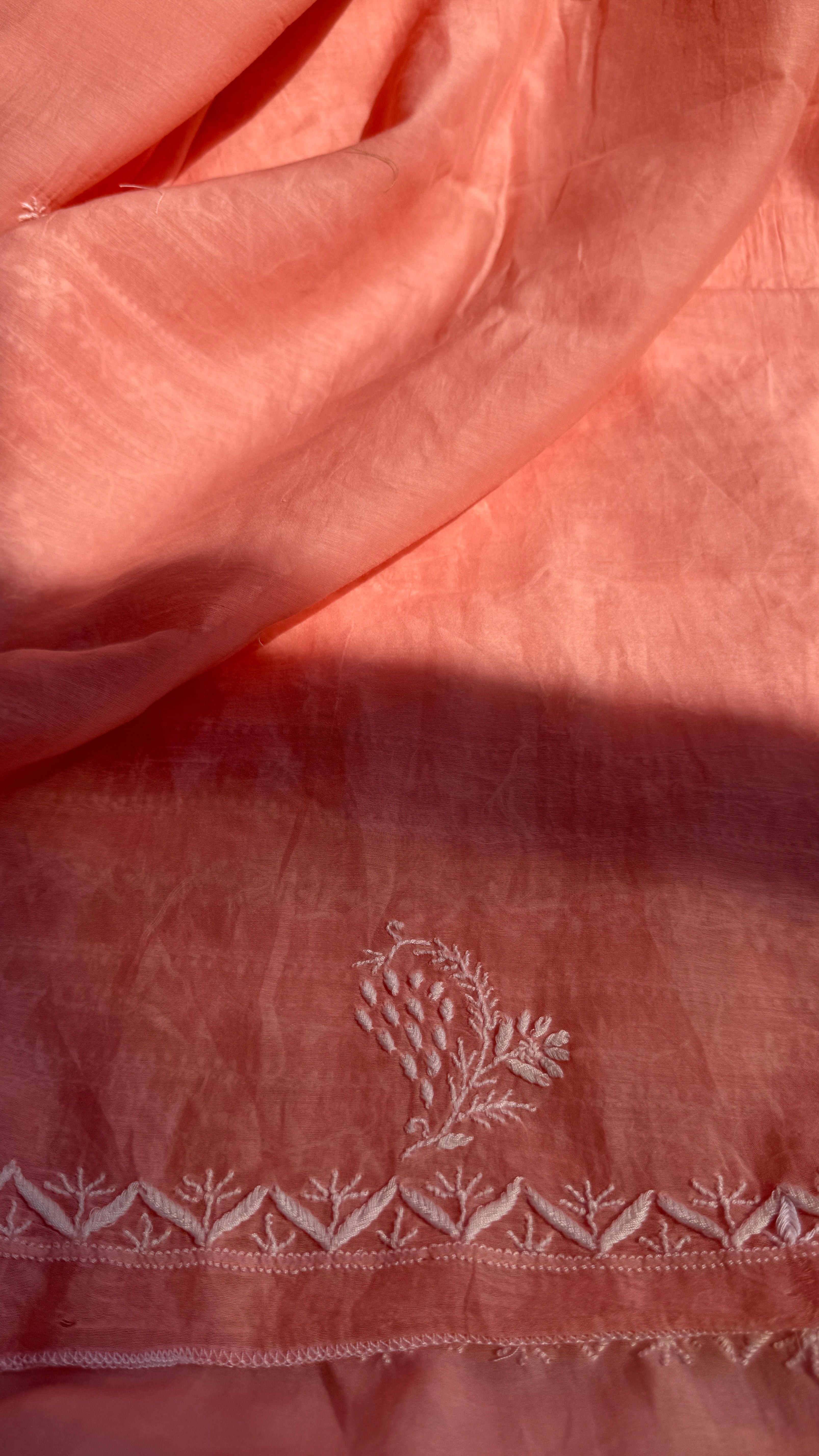 Pure Mul Chanderi Chikankari saree in Peach