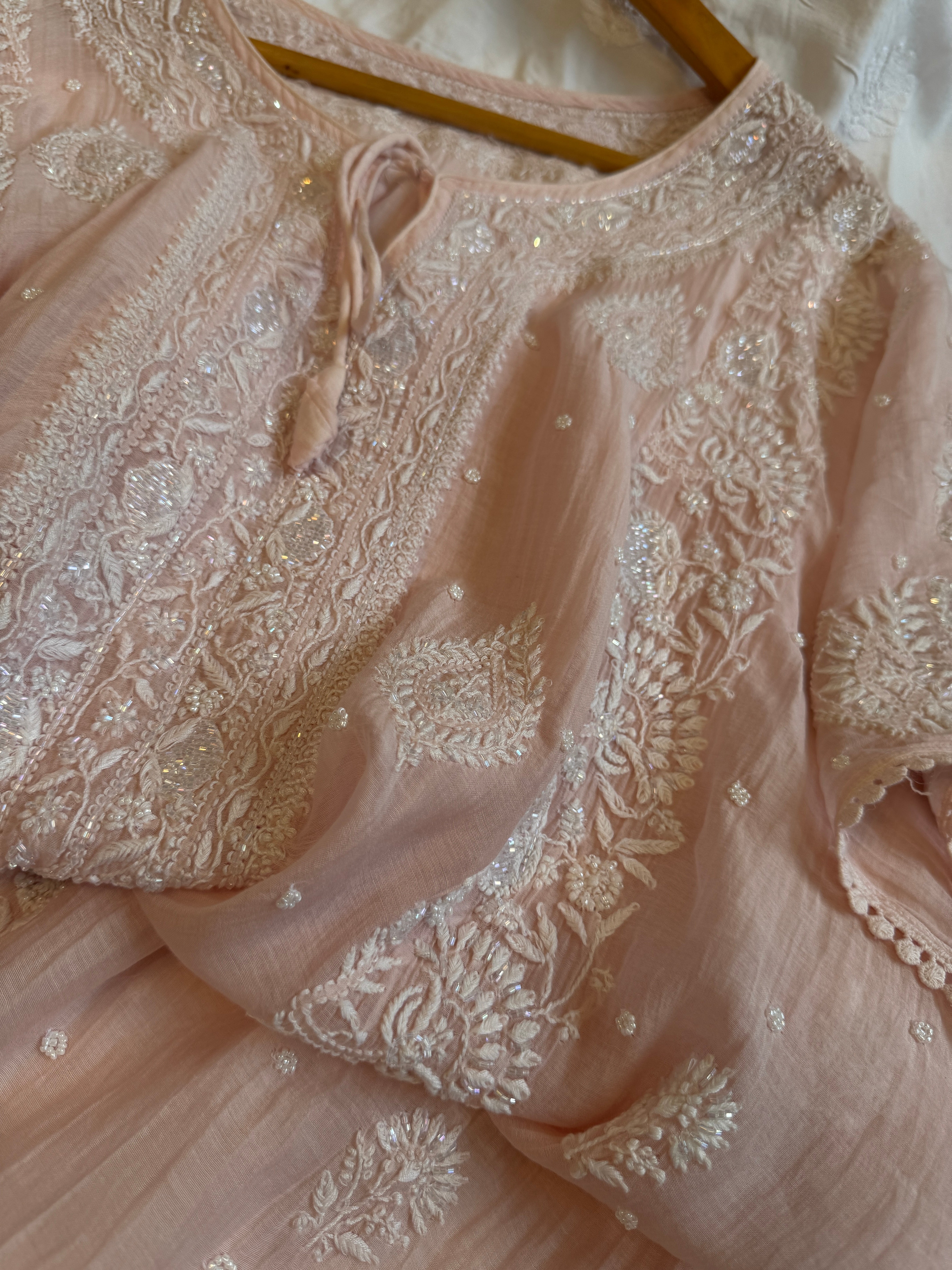 Mul Chanderi Chikankari Kaftan - Pale Pink