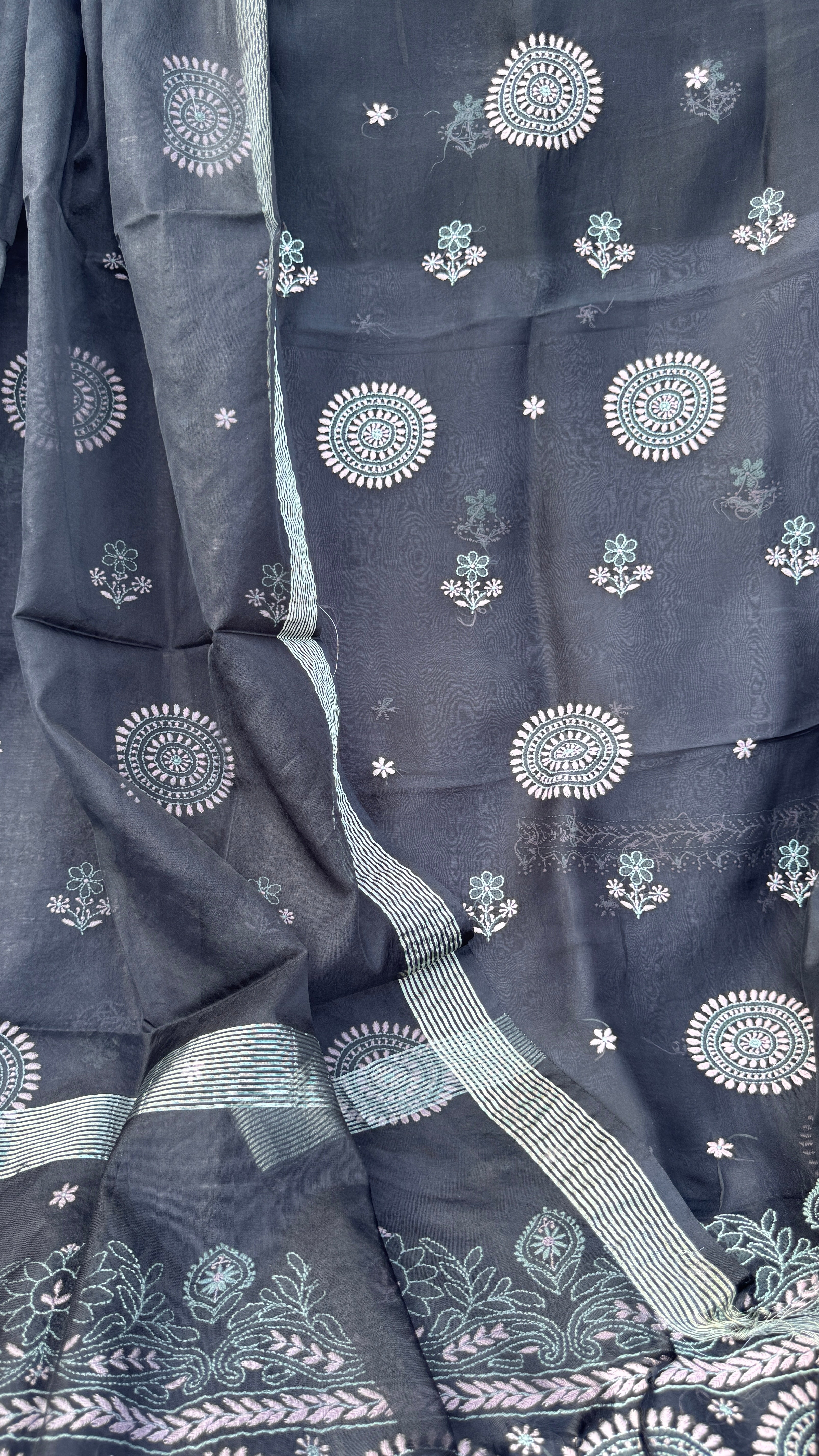 Pure Organza Lucknow Chikankari Unstitched Suit Set - Black multi-color