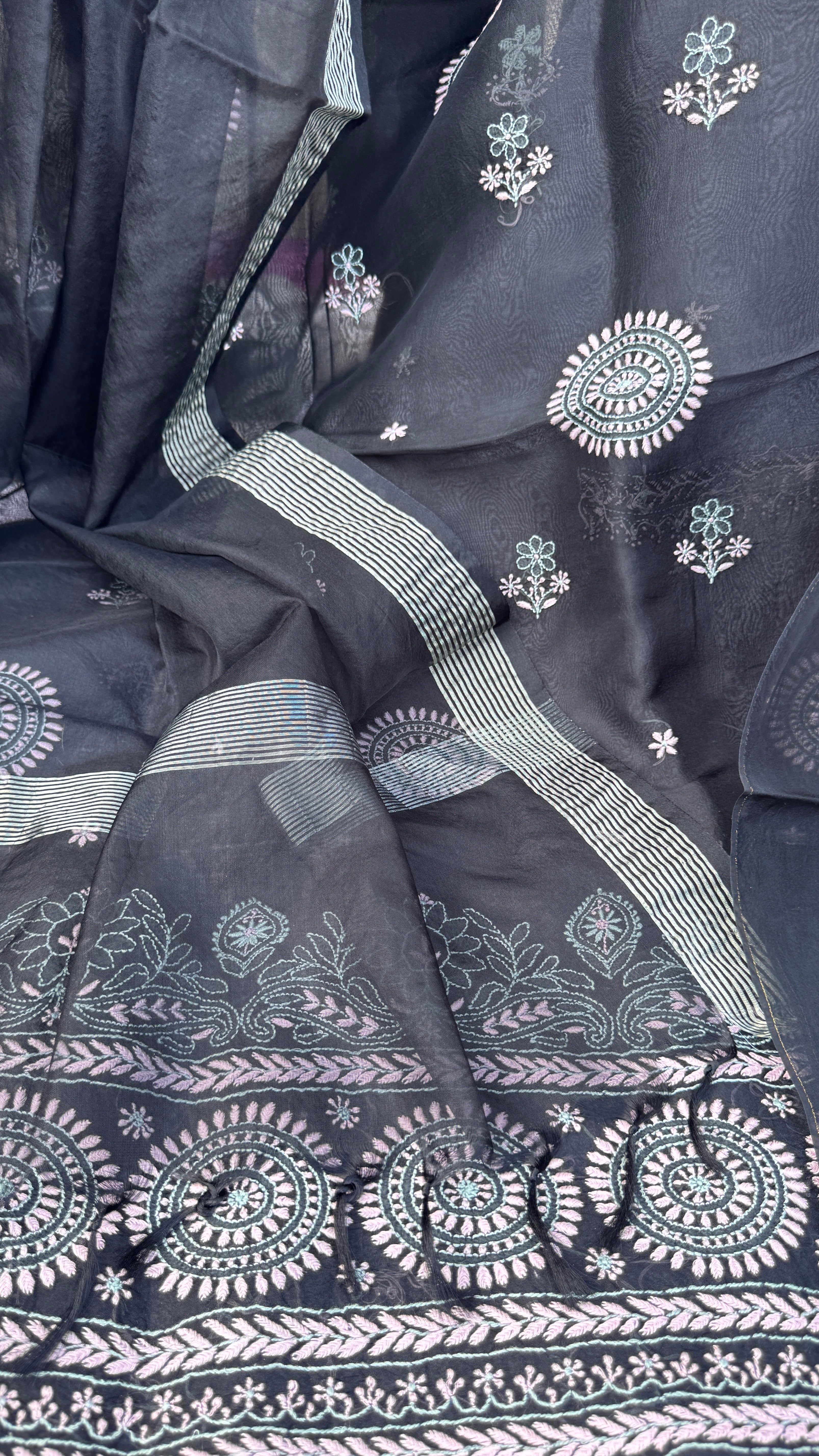 Pure Organza Lucknow Chikankari Unstitched Suit Set - Black multi-color
