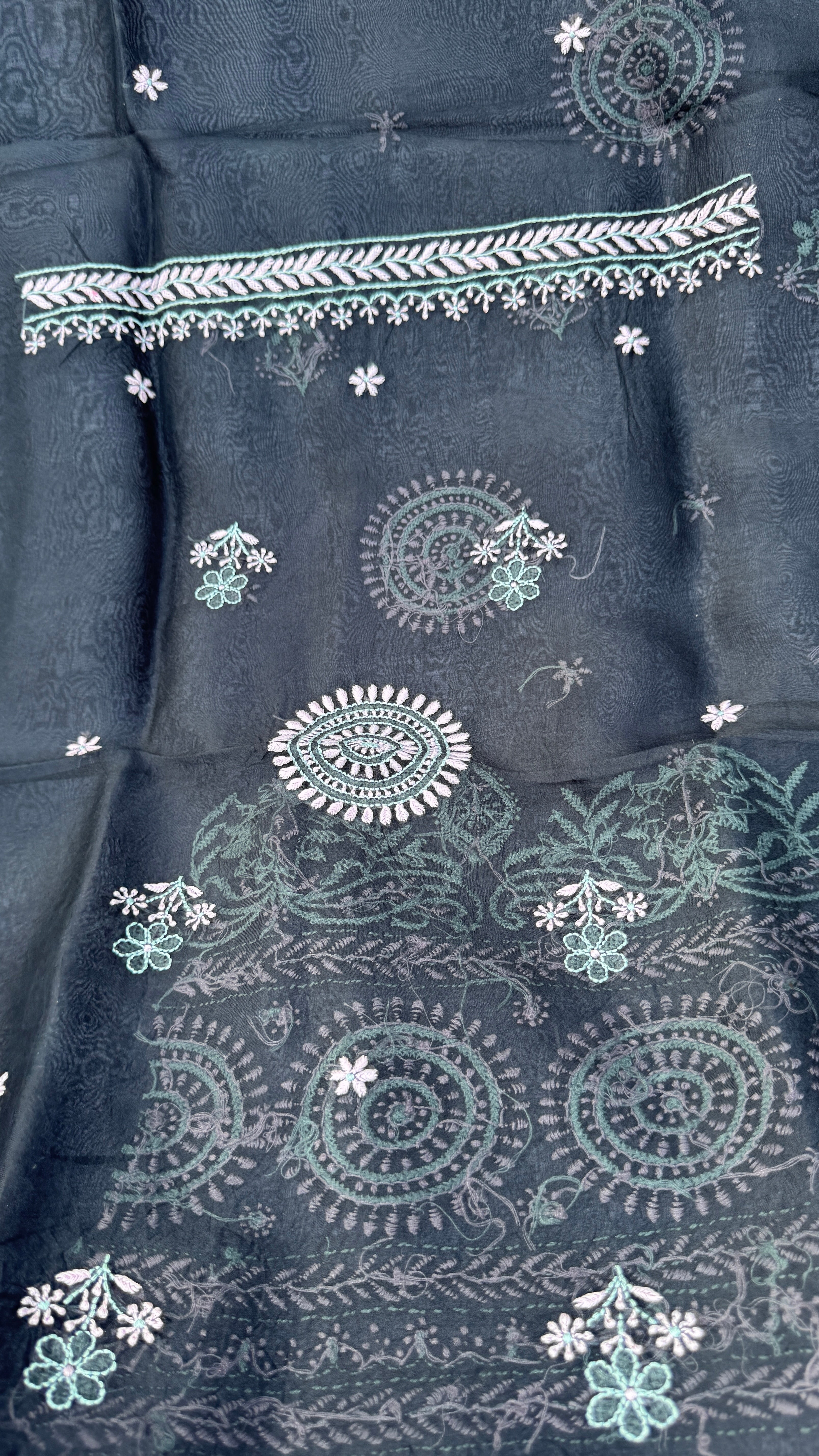 Pure Organza Lucknow Chikankari Unstitched Suit Set - Black multi-color