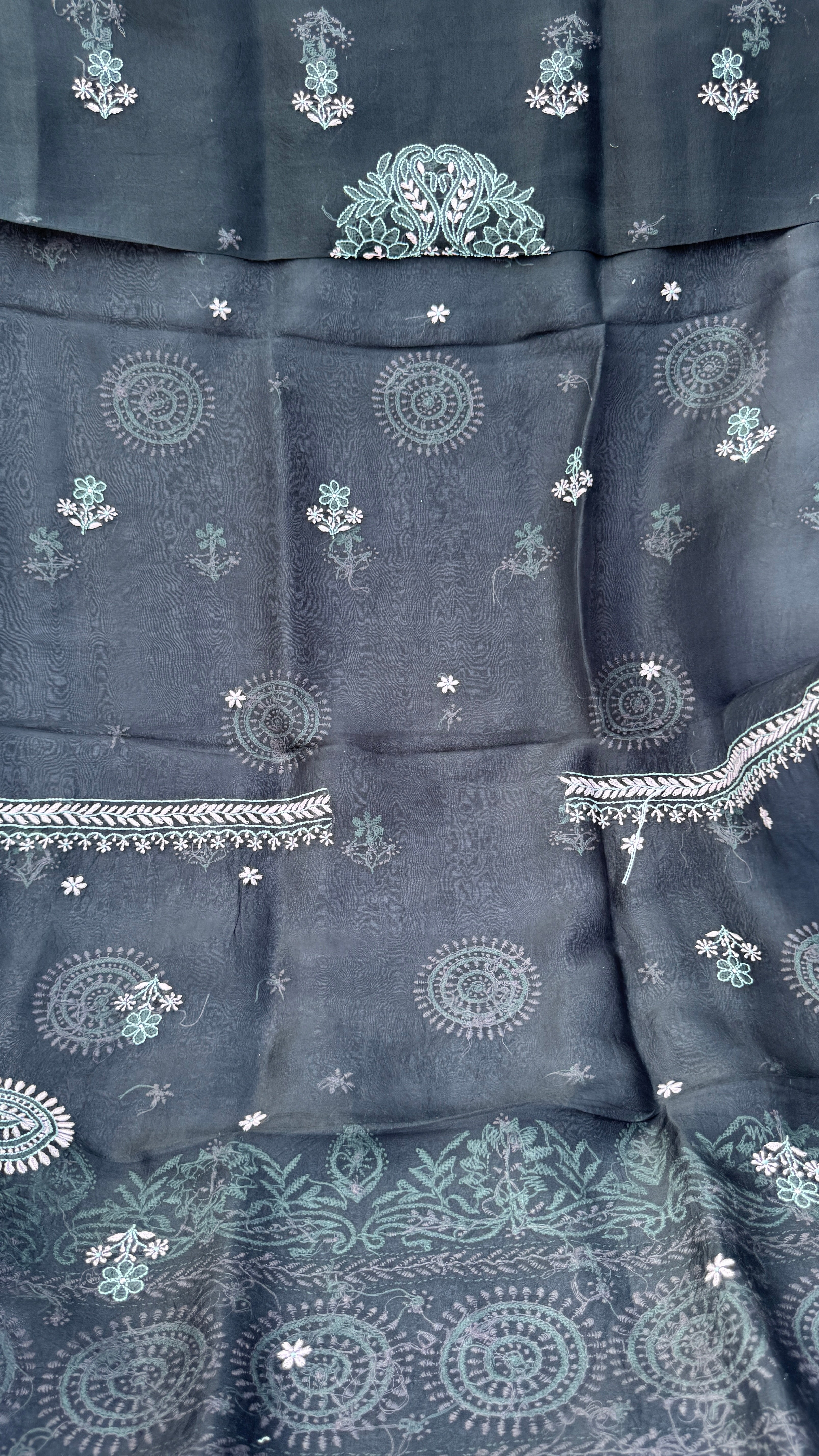 Pure Organza Lucknow Chikankari Unstitched Suit Set - Black multi-color
