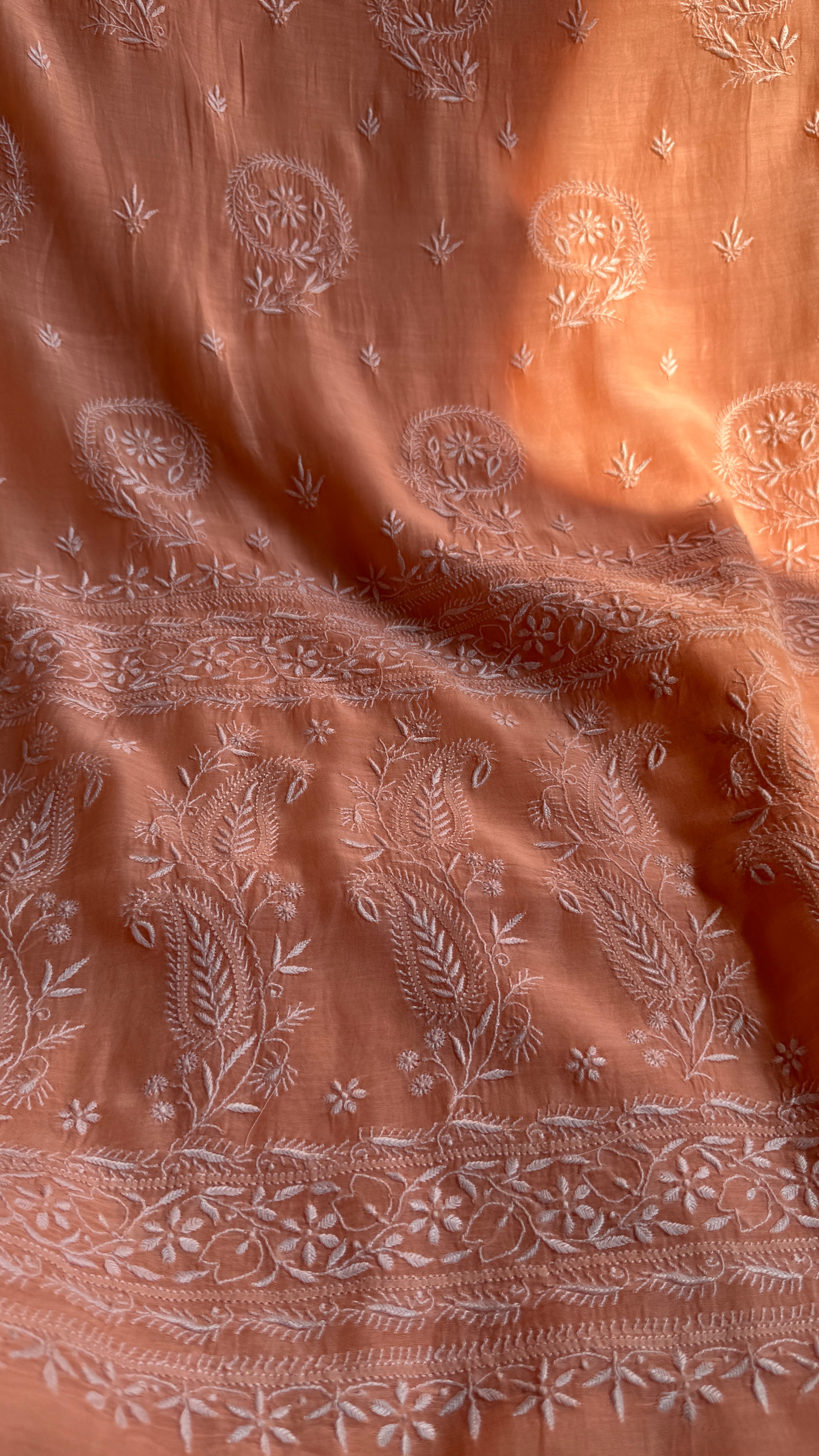 Pure Mul Chanderi Chikankari saree in Peach