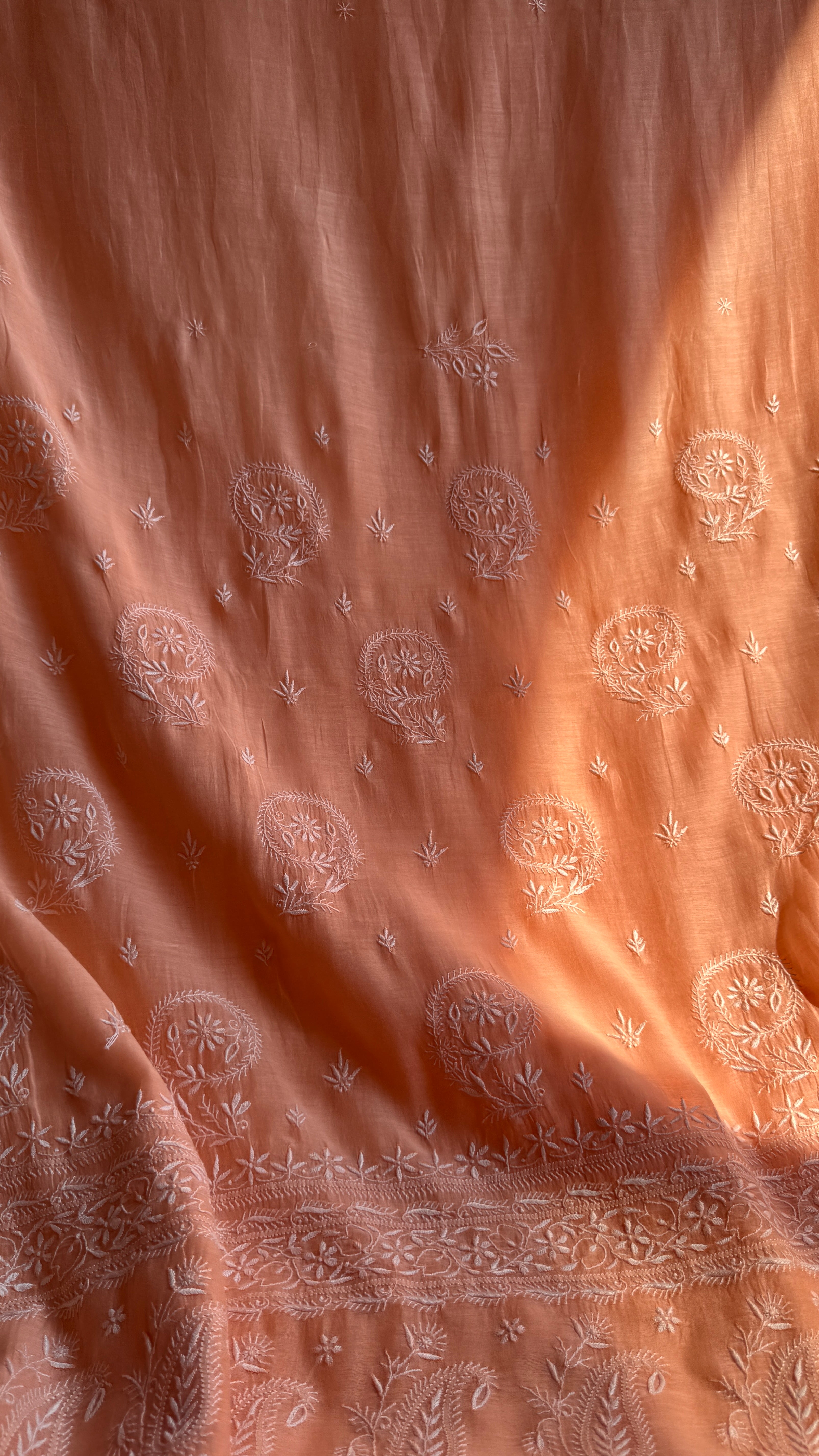 Pure Mul Chanderi Chikankari saree in Peach