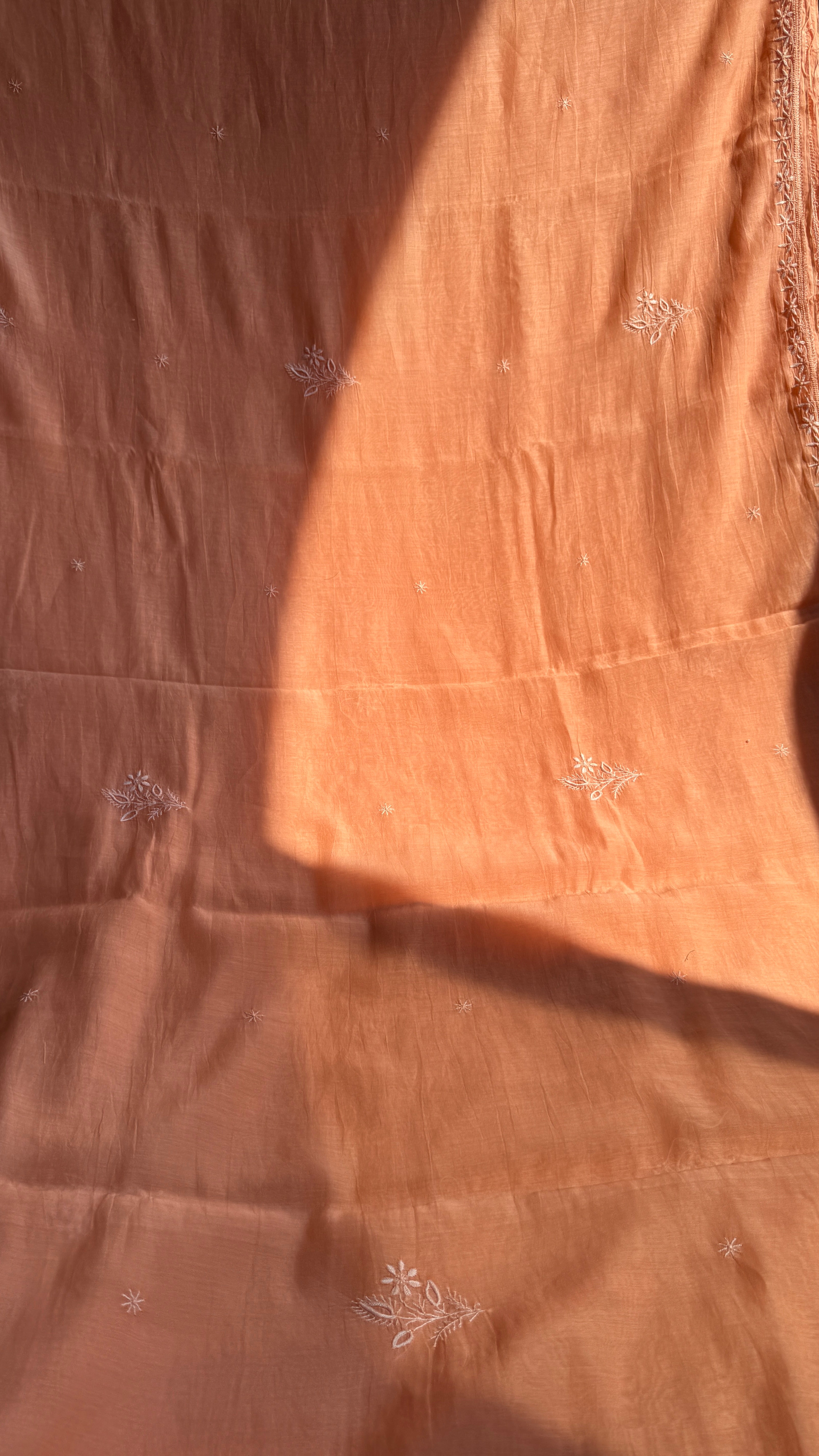 Pure Mul Chanderi Chikankari saree in Peach