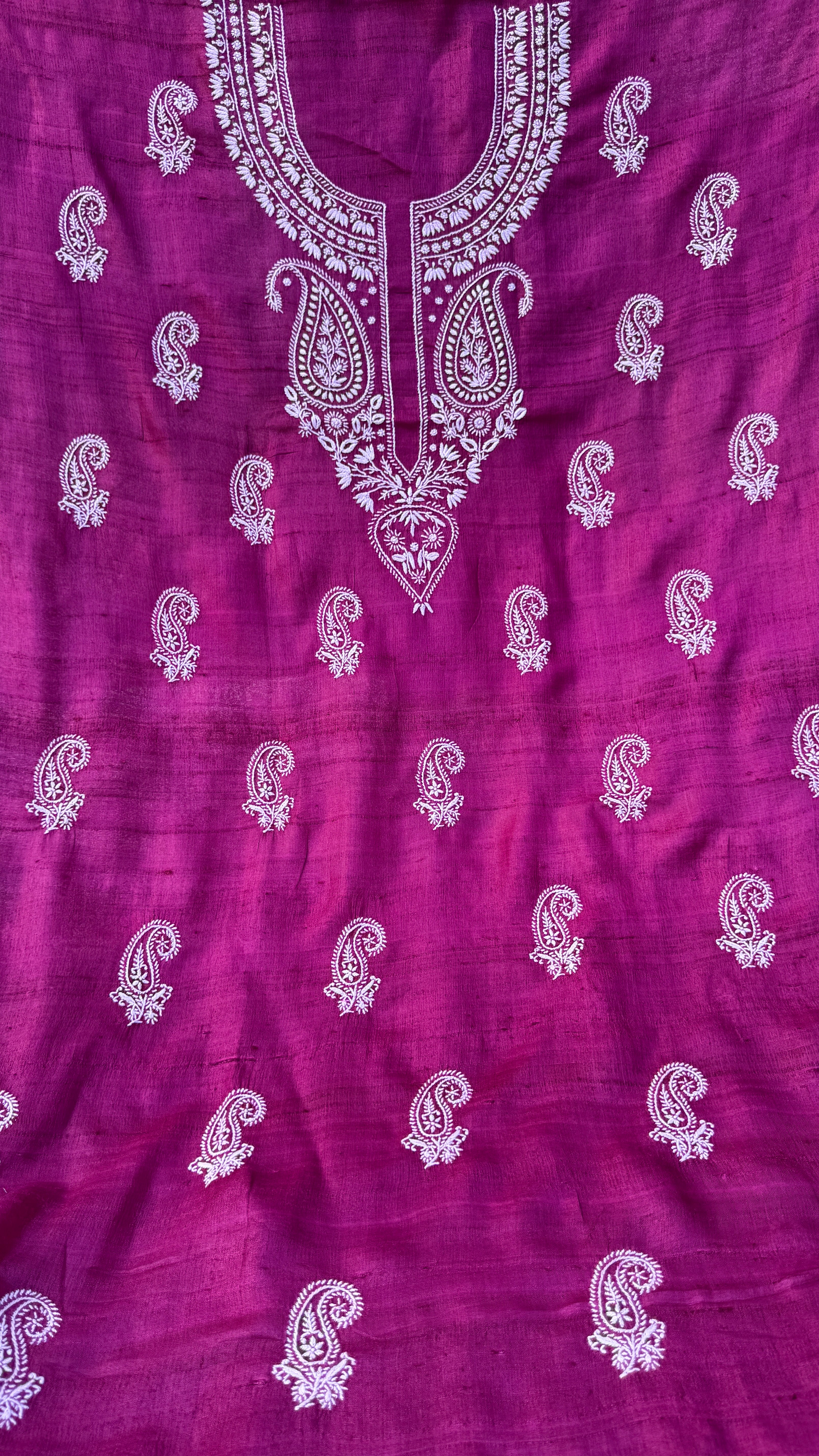 Pure Khadi Silk Chikankari Length with Dupatta - Berry Pink