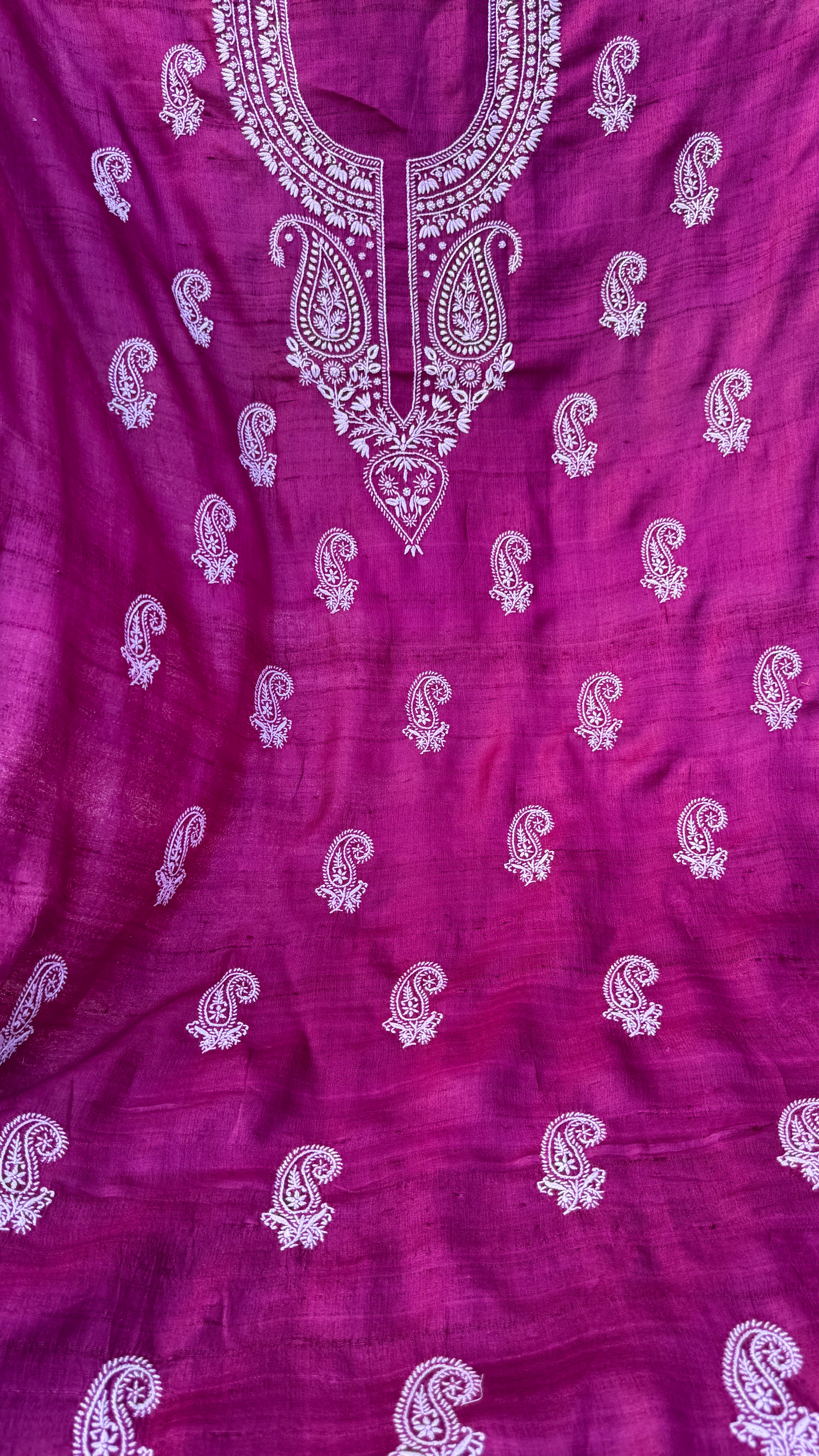 Pure Khadi Silk Chikankari Length with Dupatta - Berry Pink